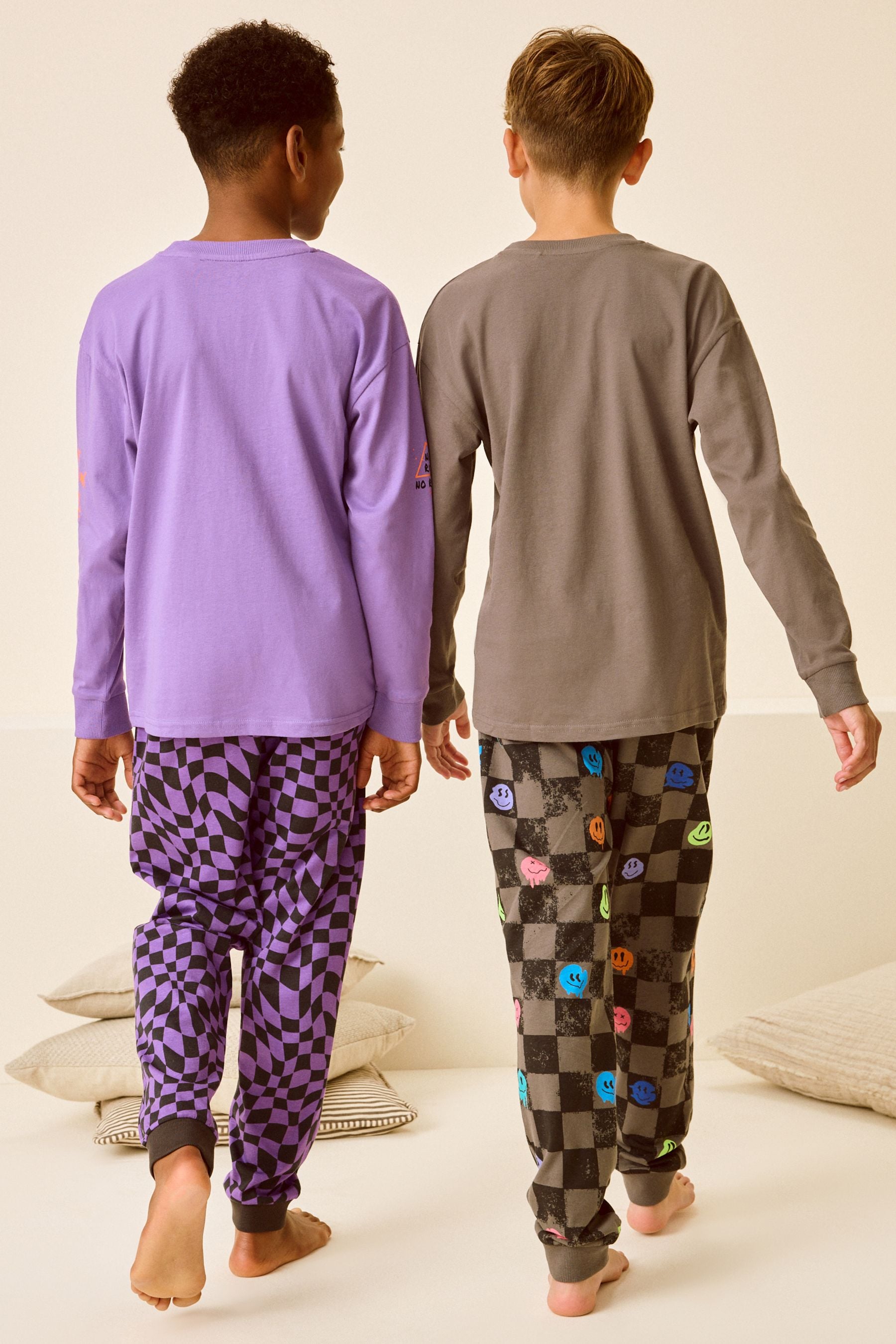 Black/Purple Smile Checkerboard 100% Cotton Long Sleeve Pyjamas 2 Pack (3-16yrs)