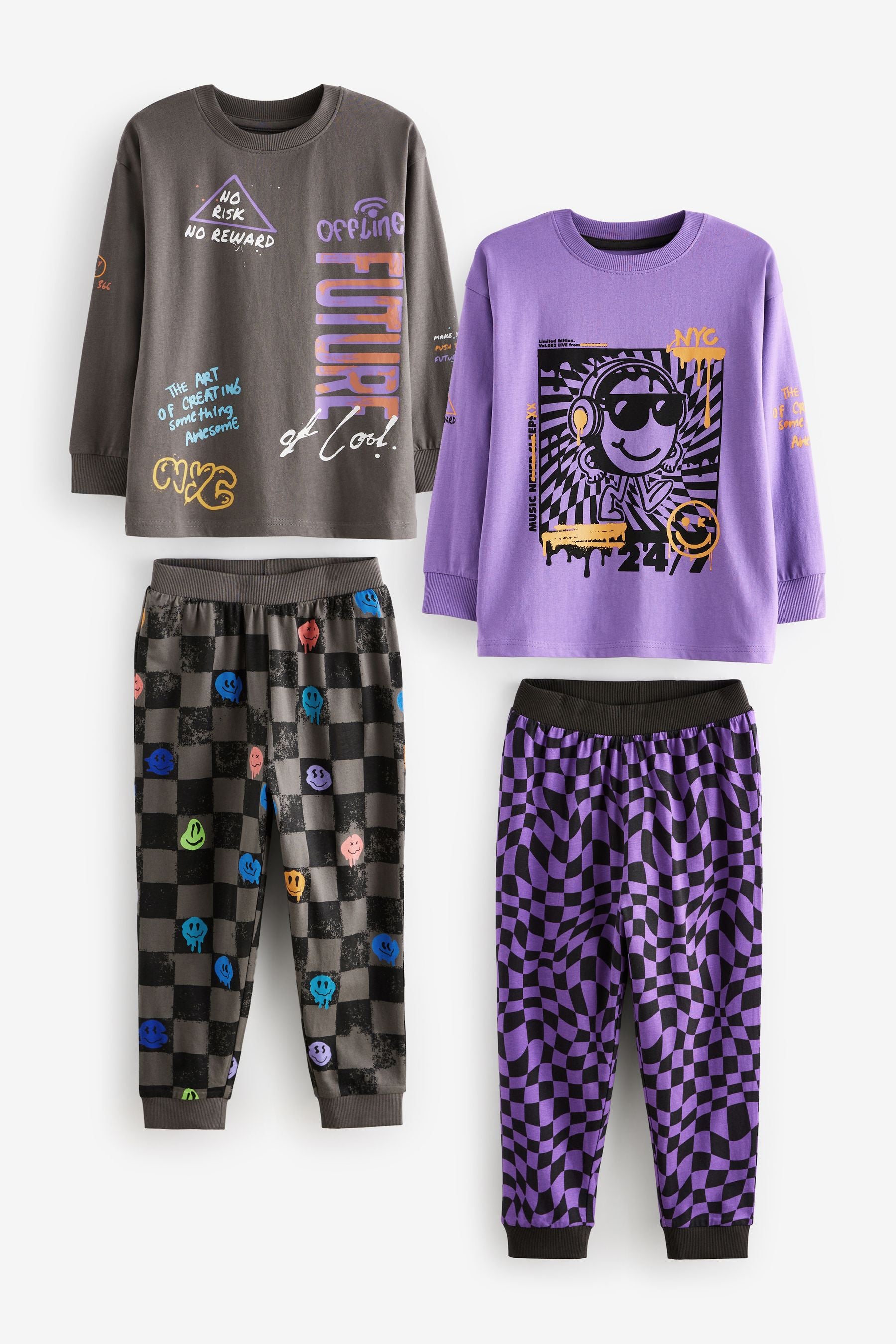 Black/Purple Smile Checkerboard 100% Cotton Long Sleeve Pyjamas 2 Pack (3-16yrs)