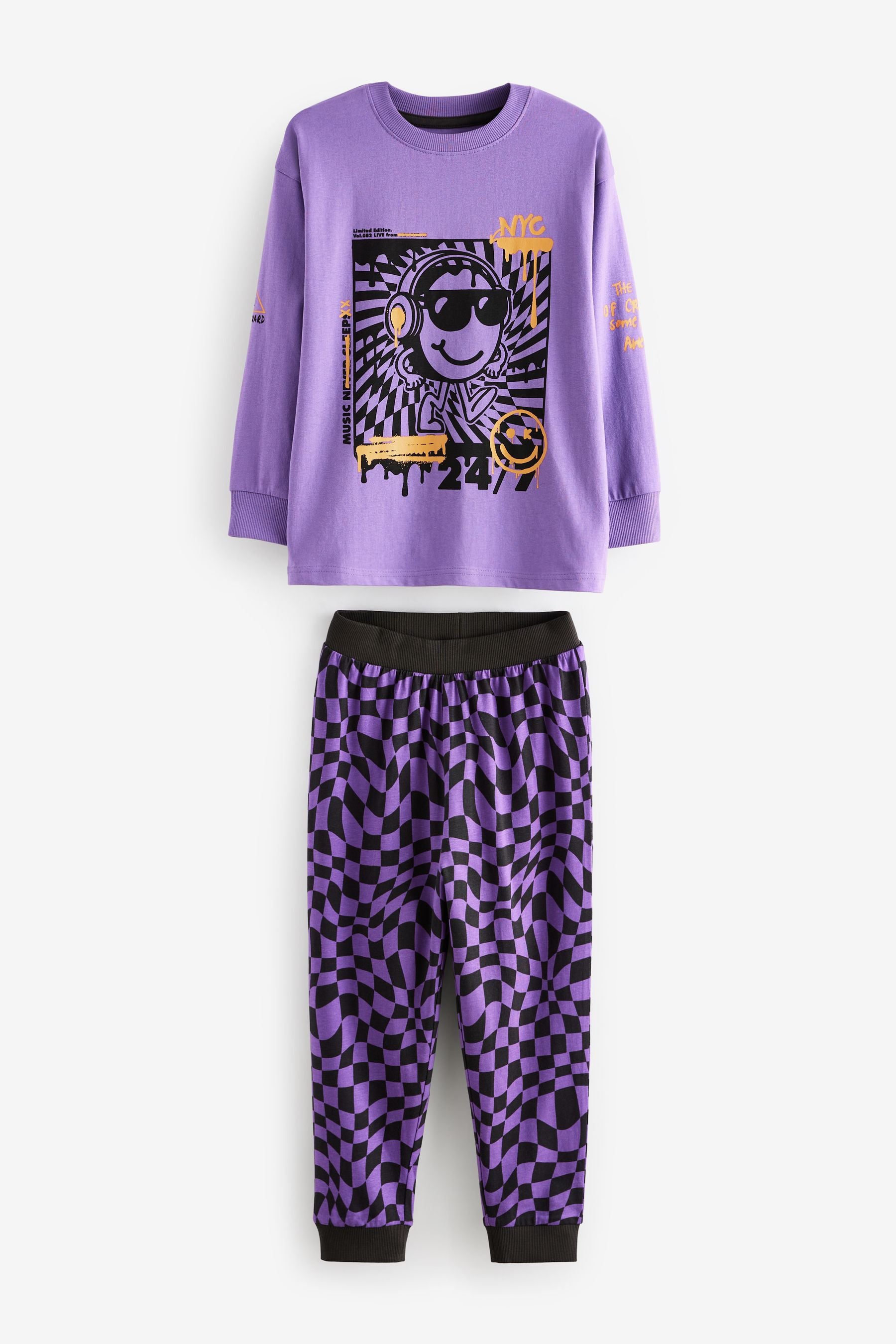 Black/Purple Smile Checkerboard 100% Cotton Long Sleeve Pyjamas 2 Pack (3-16yrs)