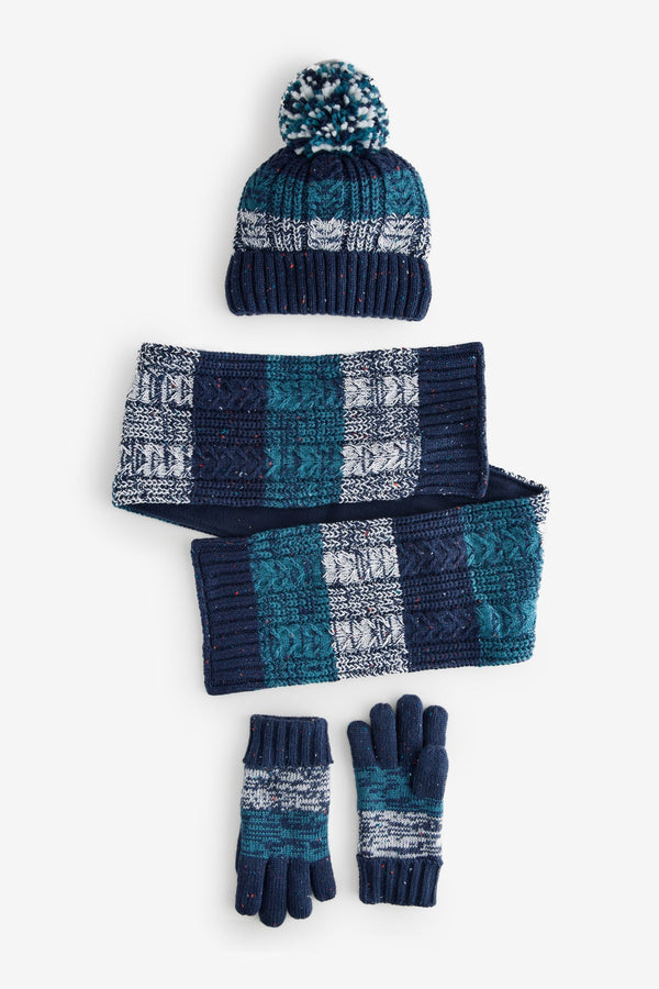 Teal Blue Stripe Hat, Scarf and Gloves Set (3-16yrs)