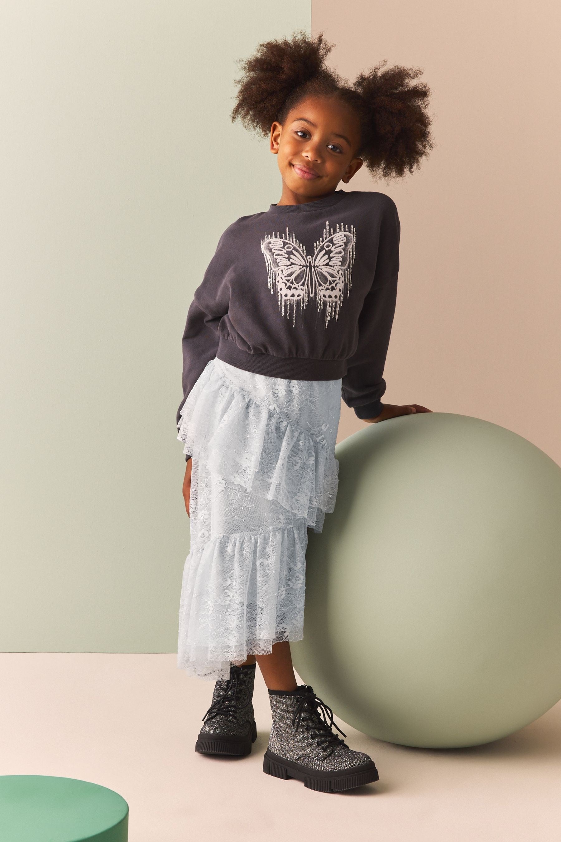 Grey Lace Tiered Skirt (3-16yrs)