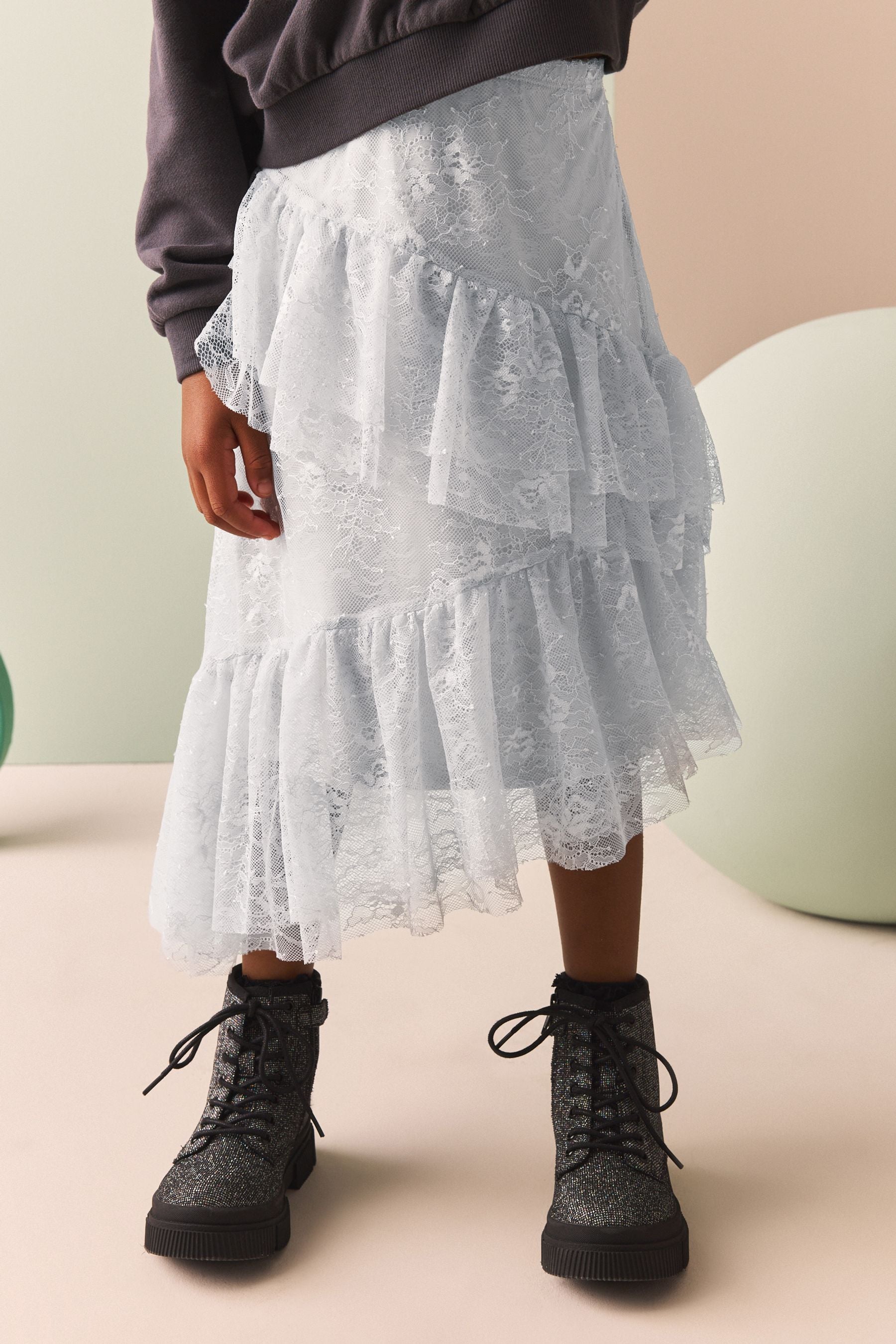 Grey Lace Tiered Skirt (3-16yrs)