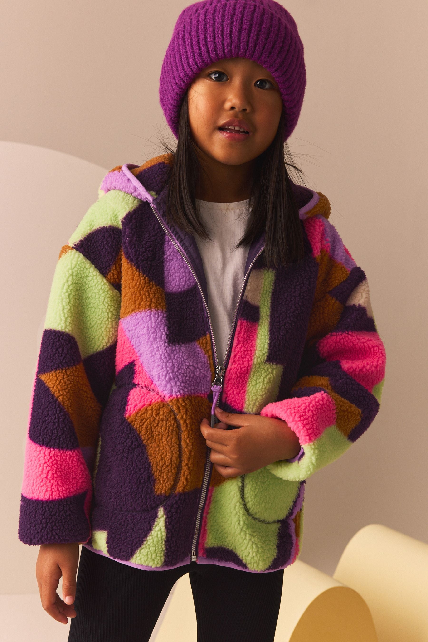 Purple Multi Borg Fleece Hooded Jacket (3-16yrs)