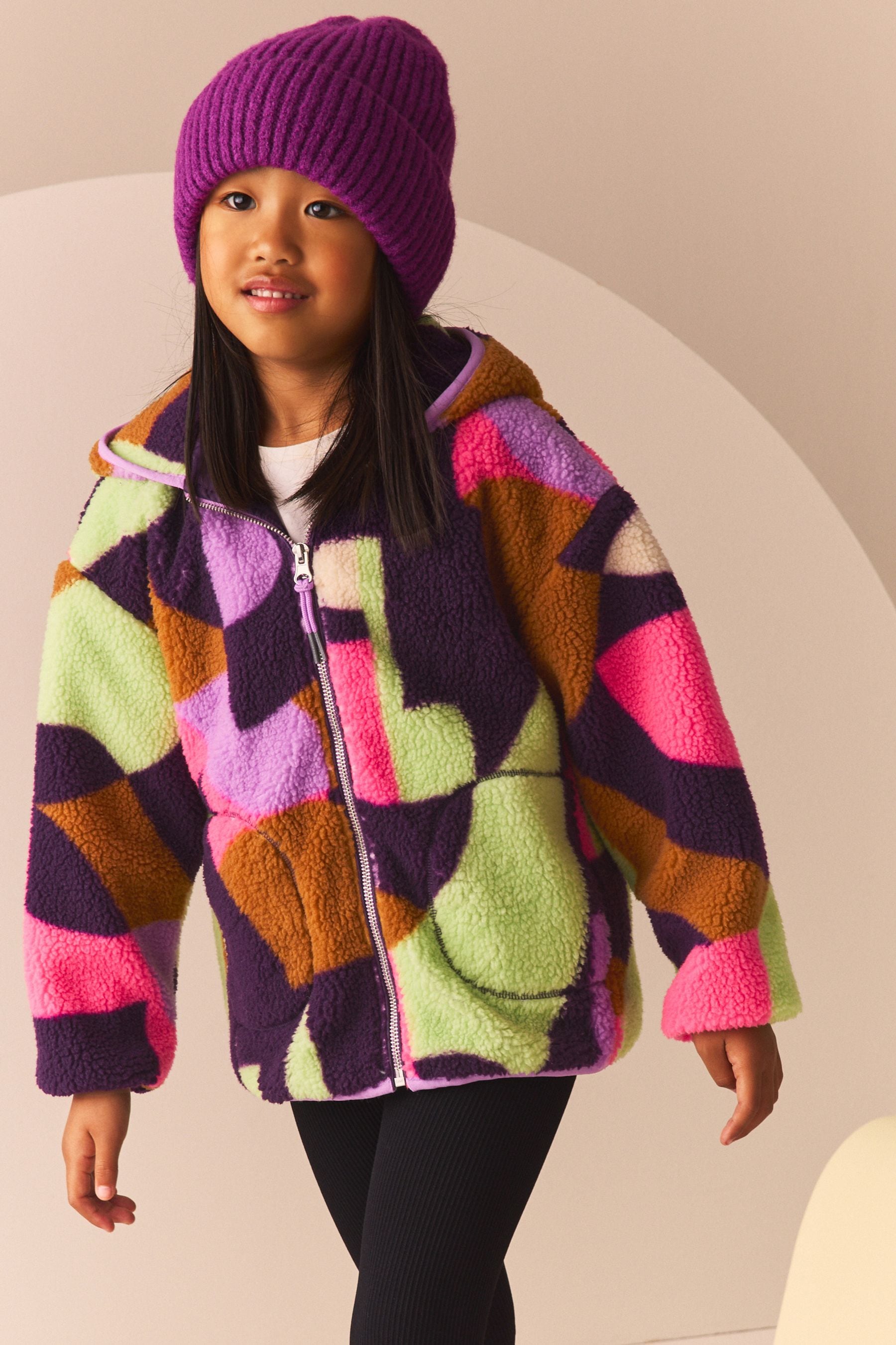 Purple Multi Borg Fleece Hooded Jacket (3-16yrs)