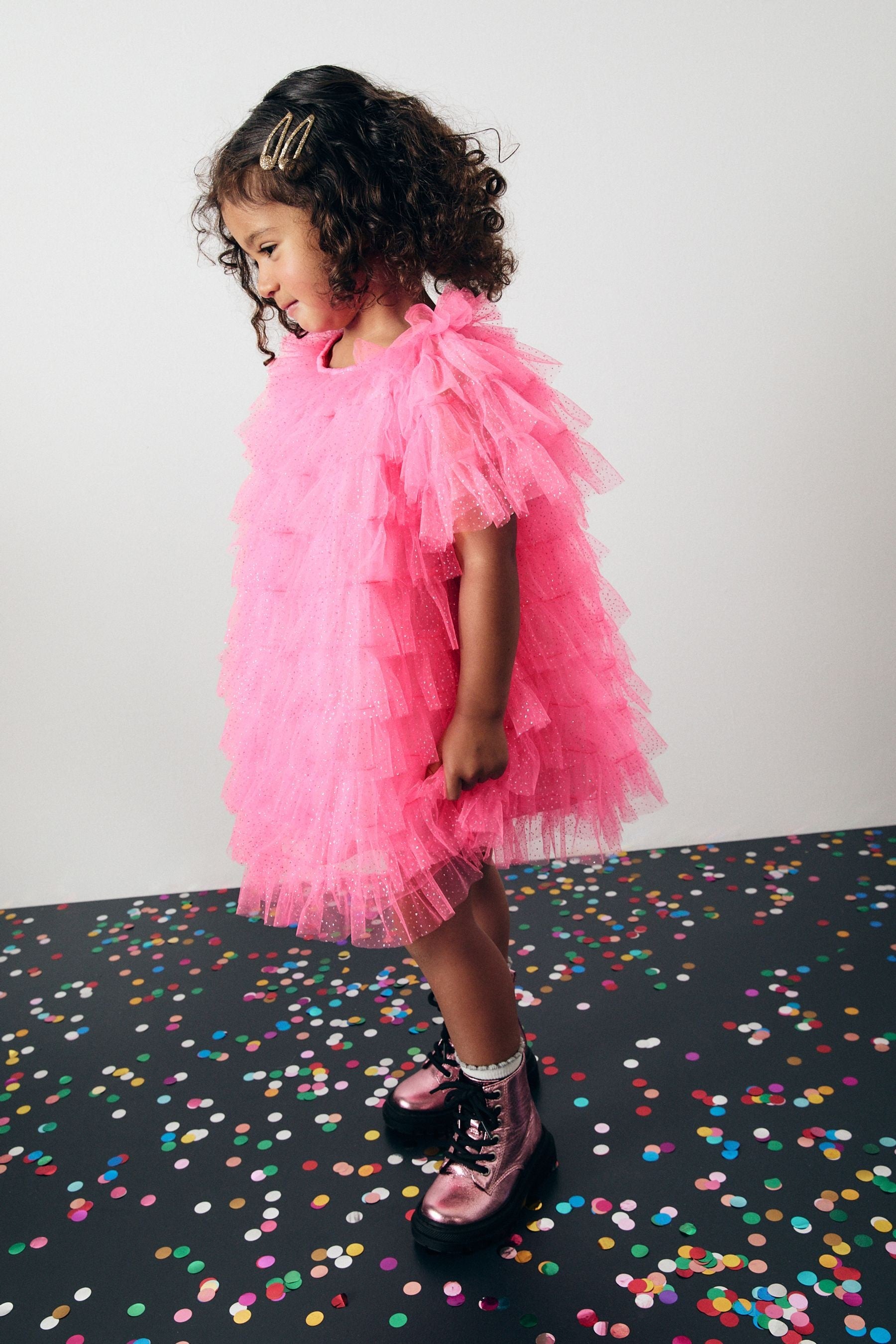 Bright Pink Sparkle Ruffle Mesh Dress (3mths-8yrs)