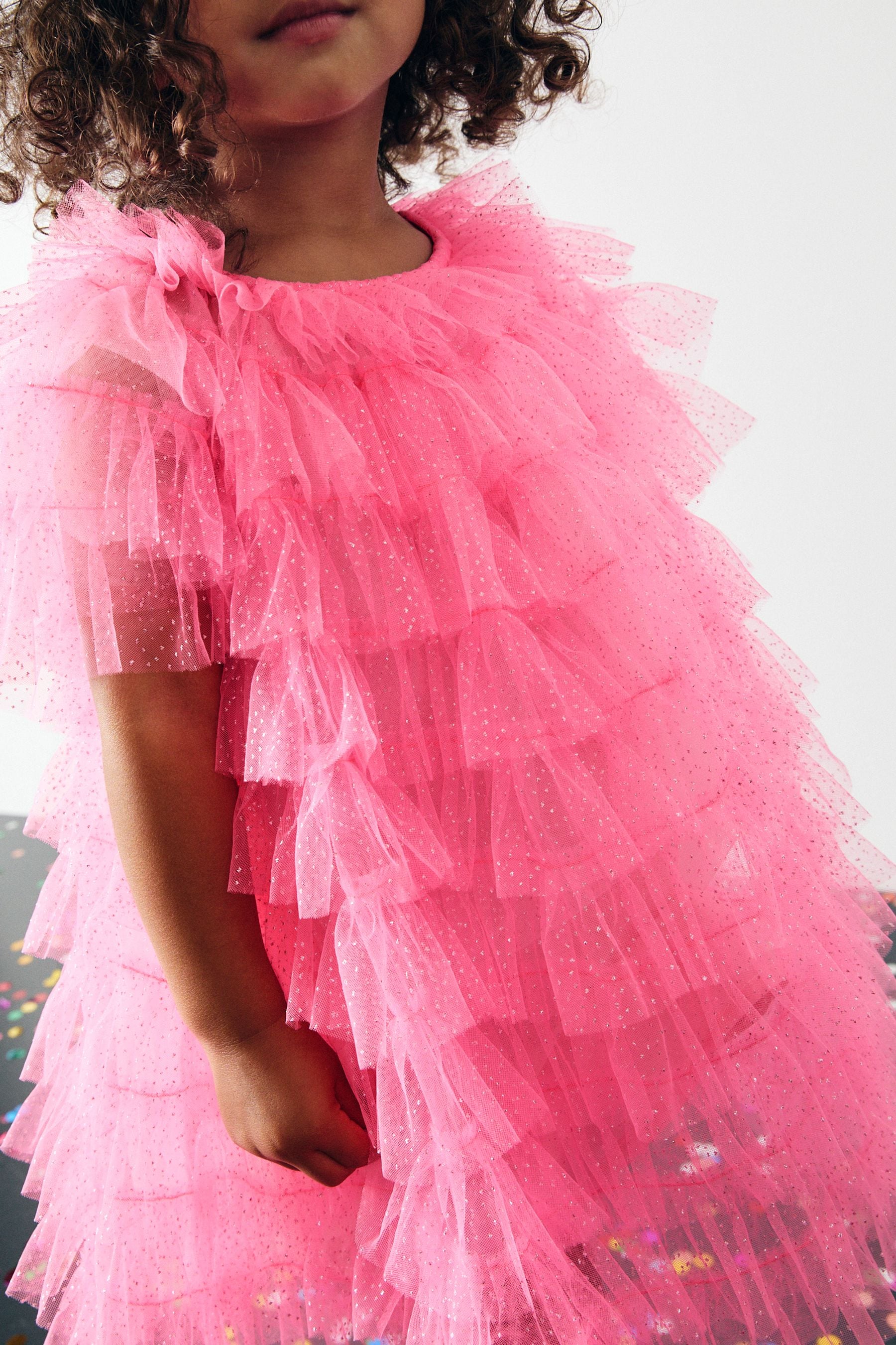 Bright Pink Sparkle Ruffle Mesh Dress (3mths-8yrs)