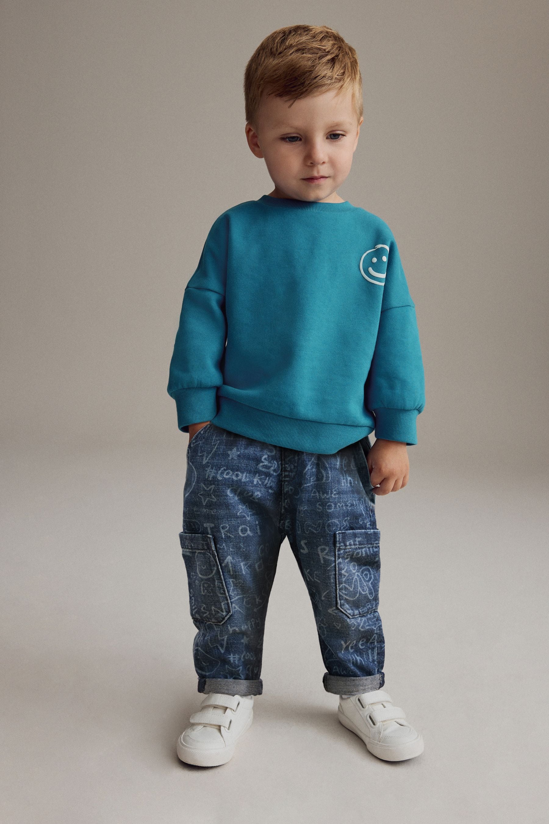 Mid Blue Graffiti 100% Cotton Laser Print Jeans (3mths-7yrs)