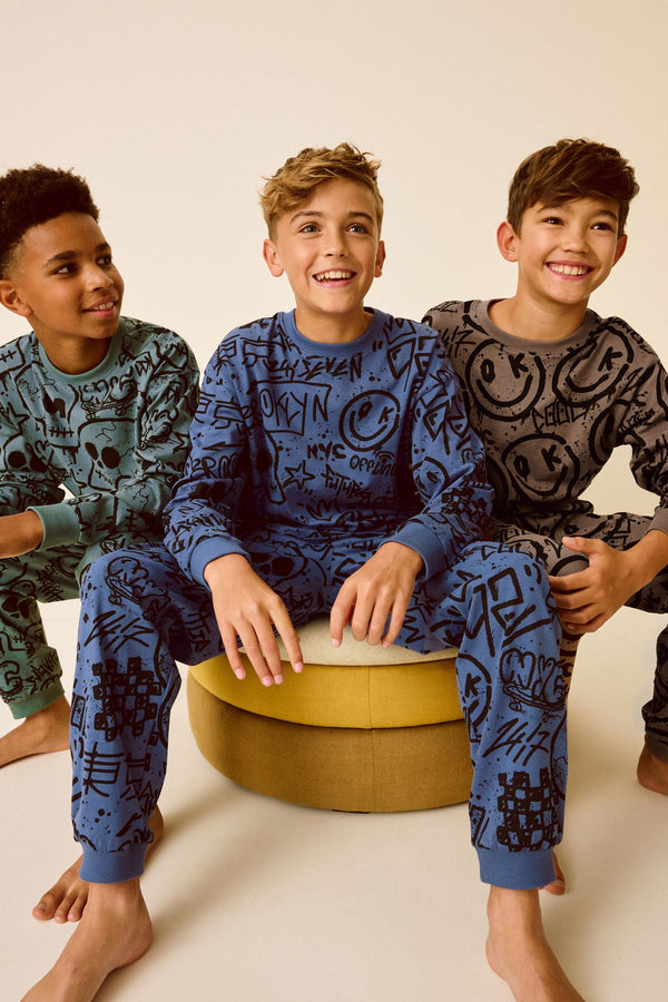 Blue/Green/Neutral Character 3 Pack 100% Cotton Long Sleeve Pyjamas (3-16yrs)