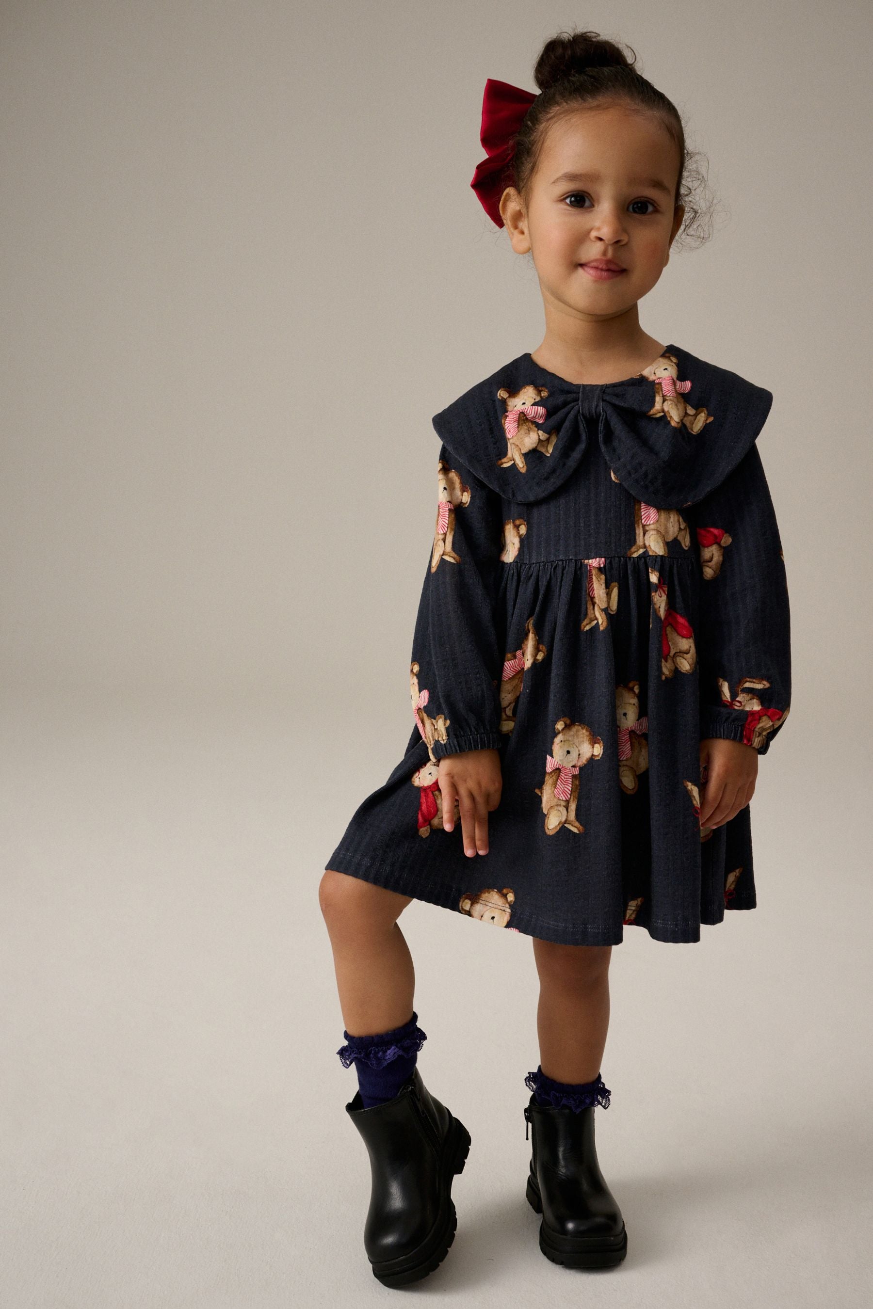 Navy Bear Long Sleeve Collared 100% Cotton Dress (3mths-7yrs)