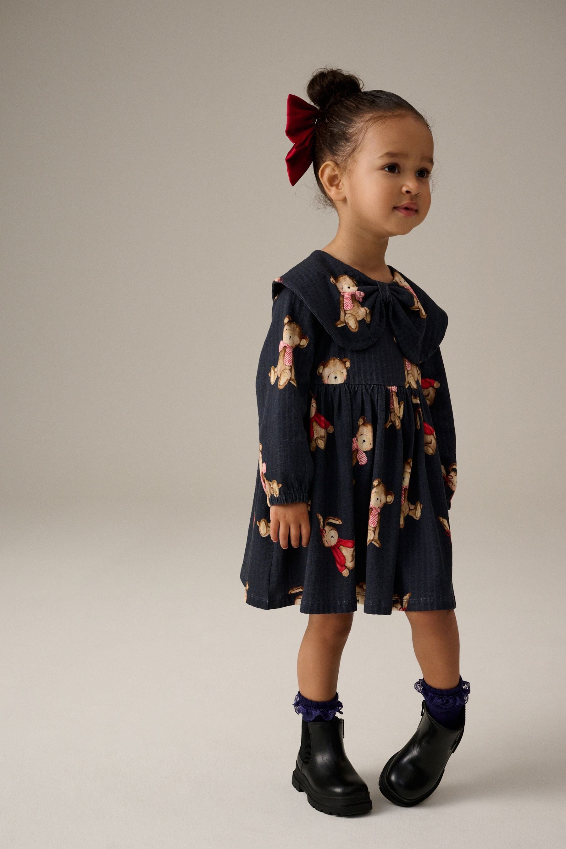 Navy Bear Long Sleeve Collared 100% Cotton Dress (3mths-7yrs)