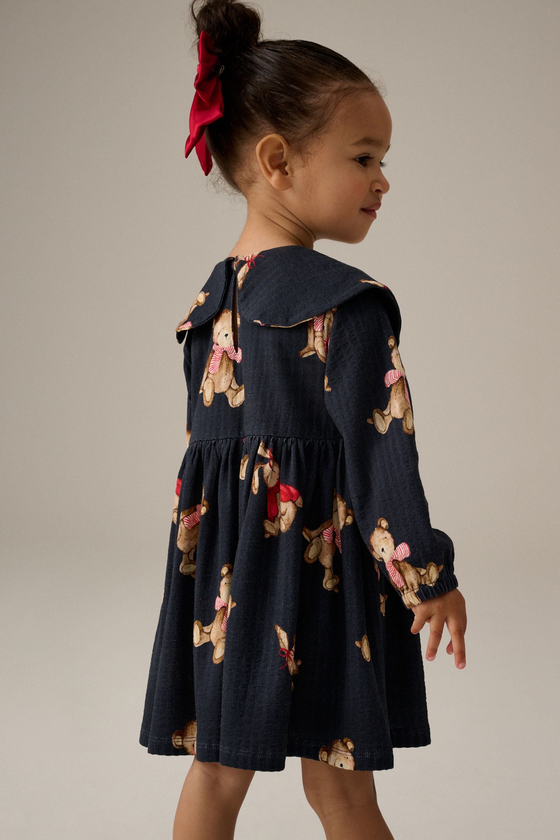 Navy Bear Long Sleeve Collared 100% Cotton Dress (3mths-7yrs)