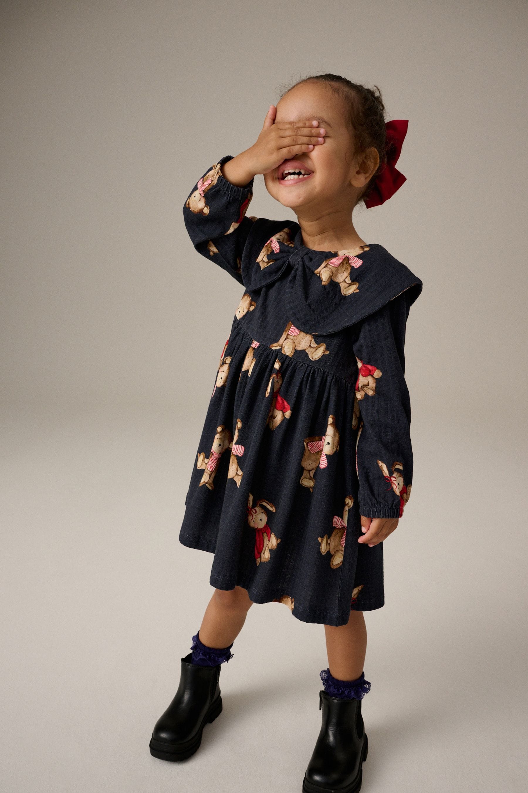 Navy Bear Long Sleeve Collared 100% Cotton Dress (3mths-7yrs)