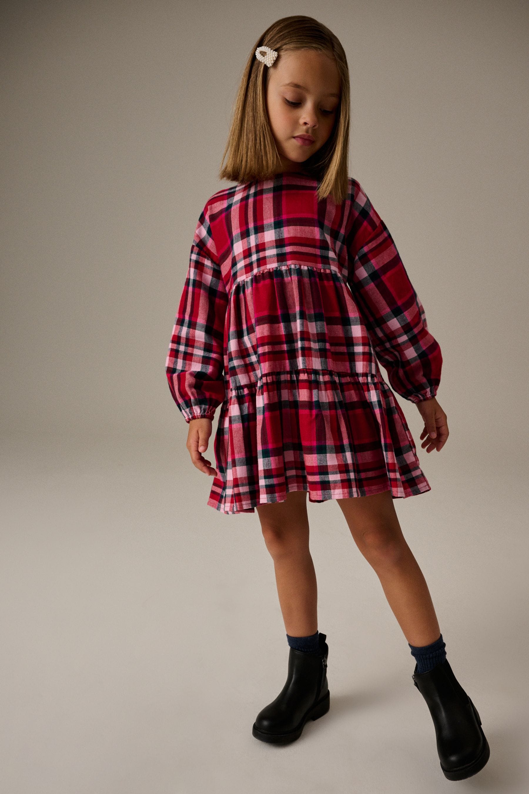 Red Check Tiered 100% Cotton Dress (3-16yrs)