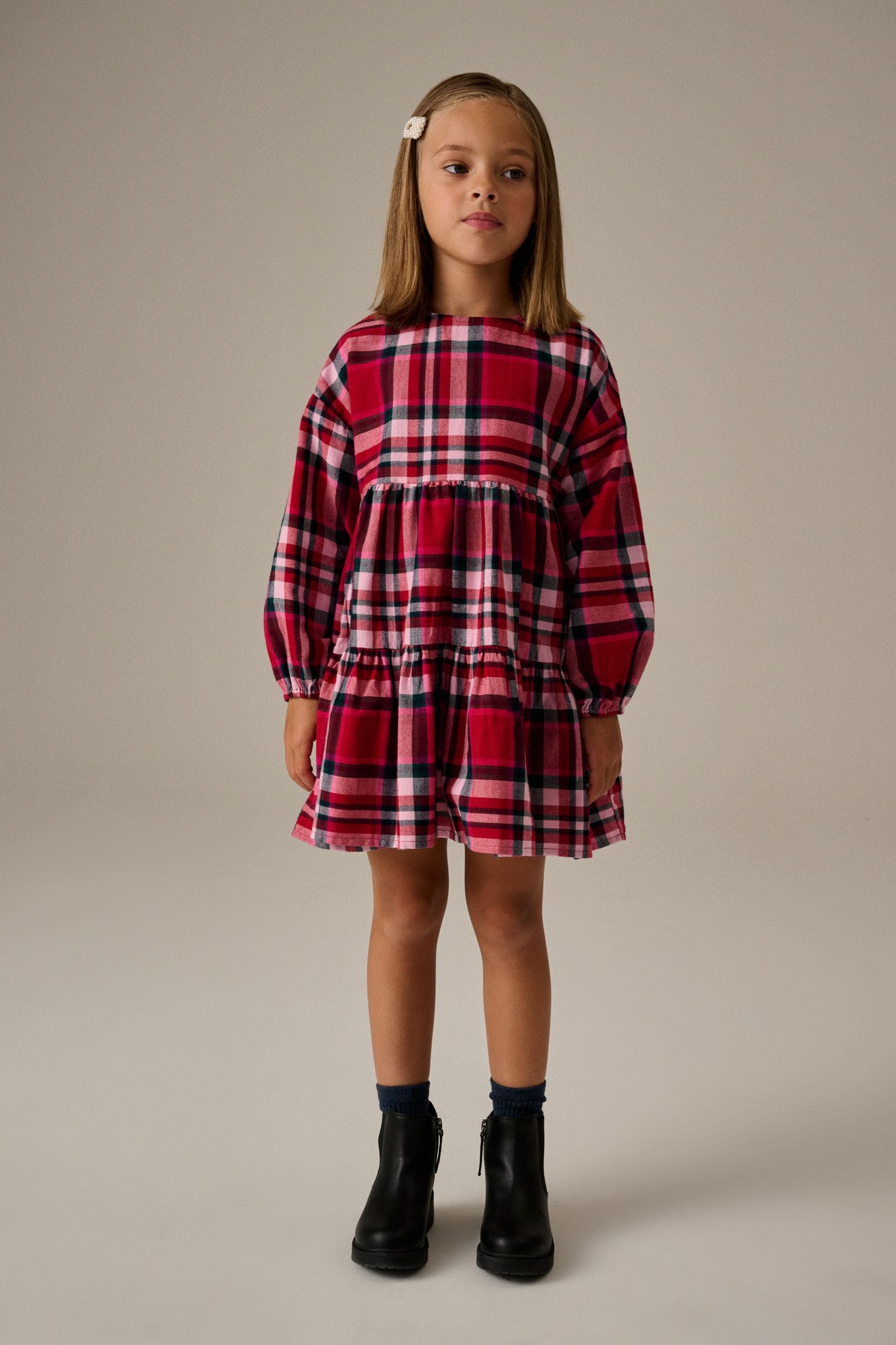 Red Check Tiered 100% Cotton Dress (3-16yrs)