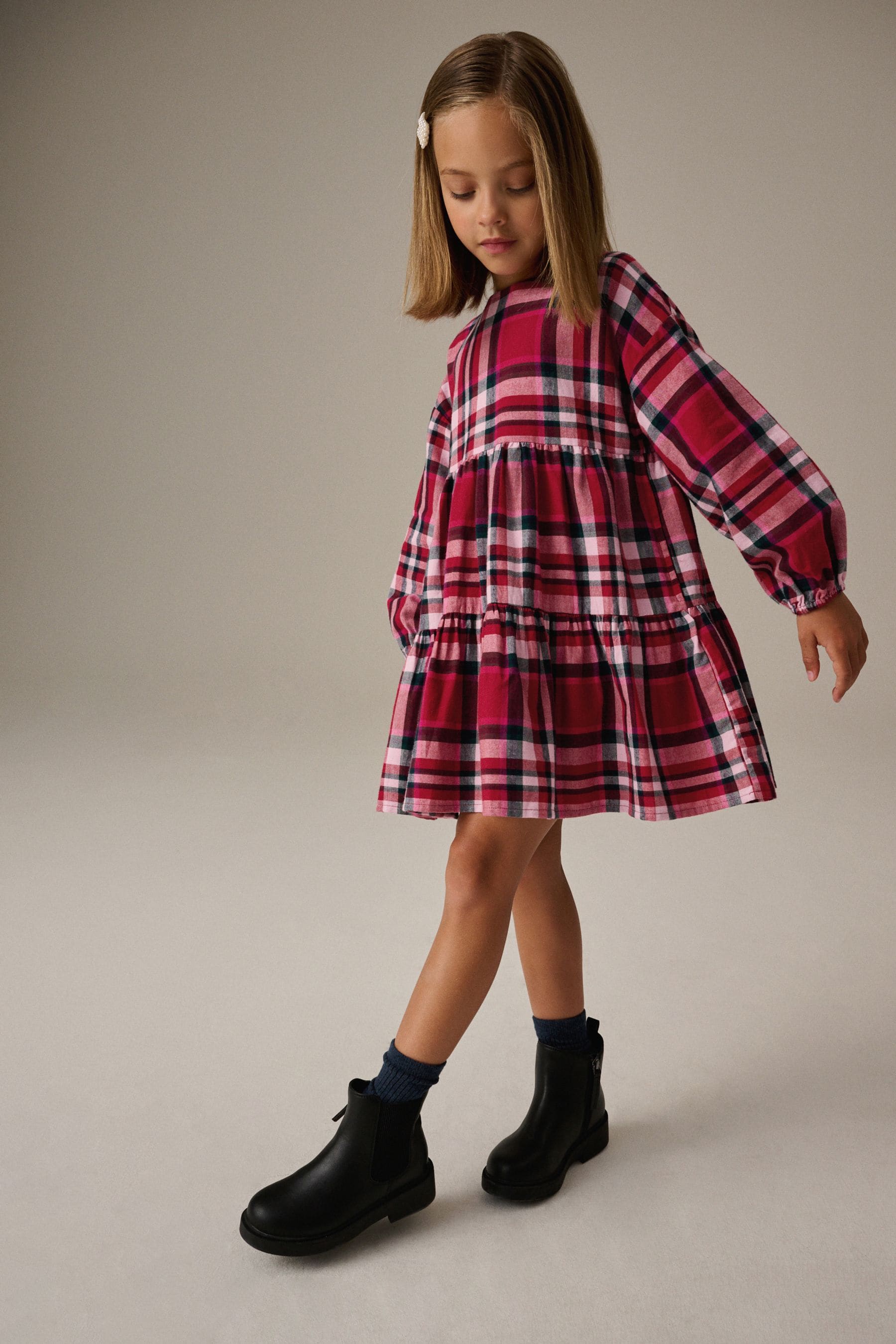 Red Check Long Sleeve Tiered 100% Cotton Dress (3-16yrs)