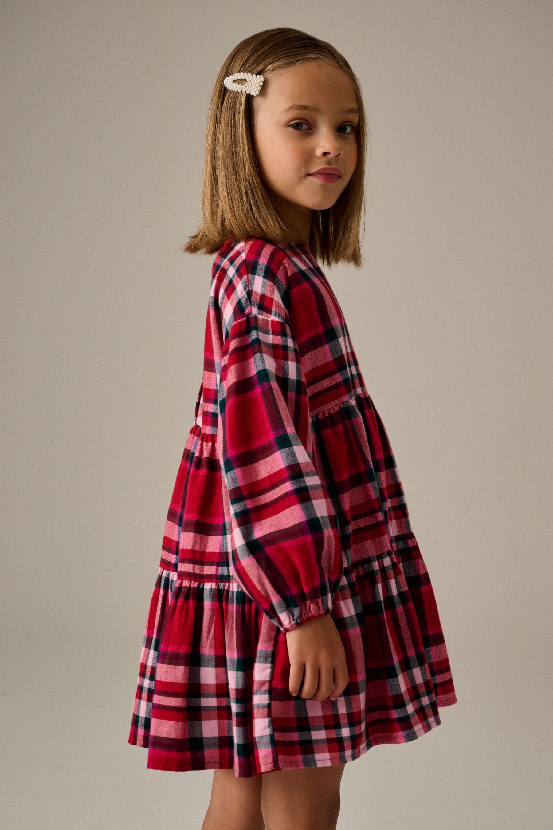 Red Check Tiered 100% Cotton Dress (3-16yrs)