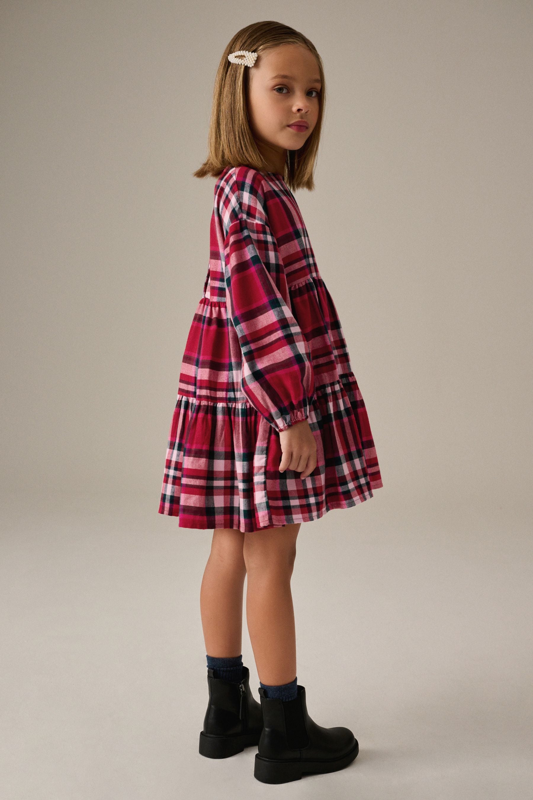 Red Check Long Sleeve Tiered 100% Cotton Dress (3-16yrs)