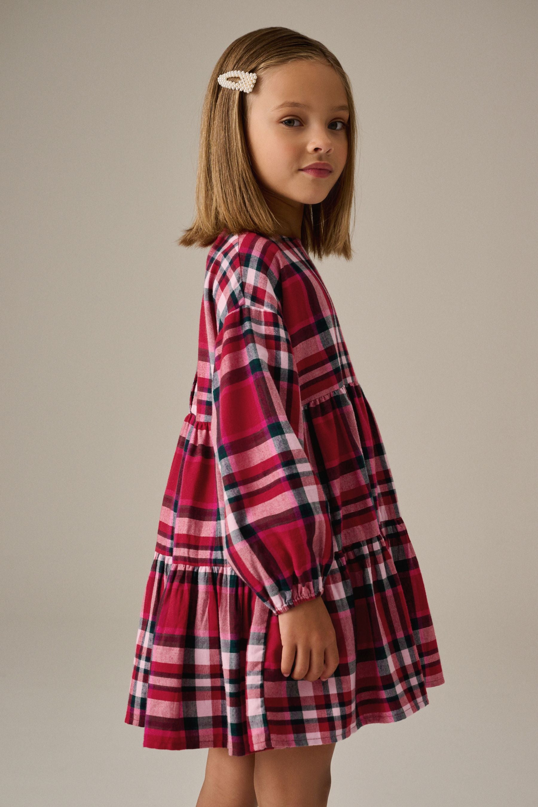 Red Check Long Sleeve Tiered 100% Cotton Dress (3-16yrs)