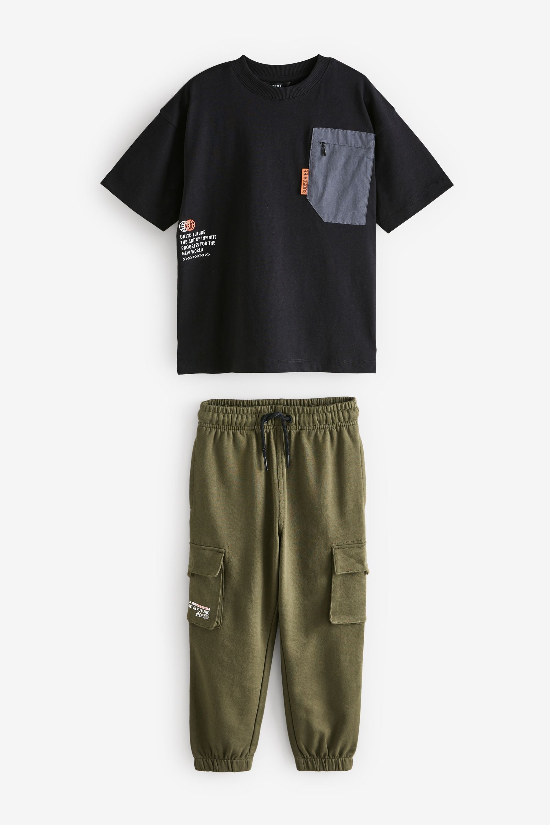 Black/Khaki Green Utility 100% Cotton Short Sleeve T-Shirt and Joggers Set (3-16yrs)