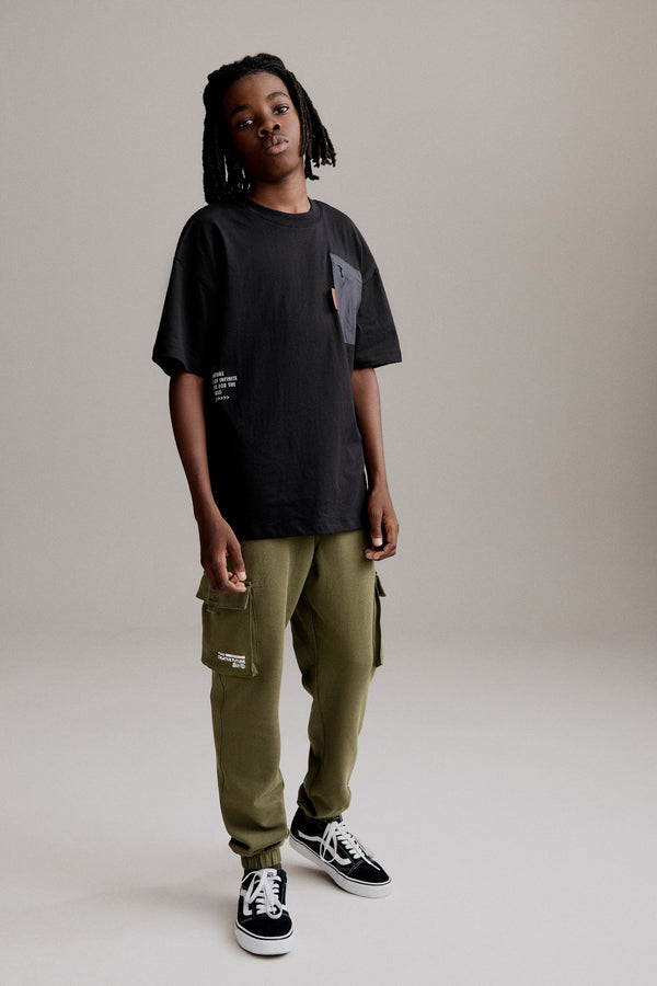 Black/Khaki Green Utility 100% Cotton Short Sleeve T-Shirt and Joggers Set (3-16yrs)