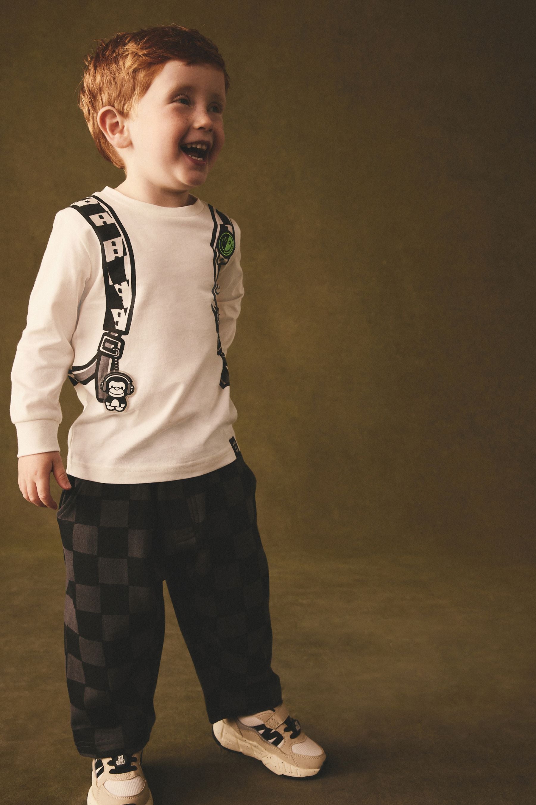 White Checkerboard Backpack Long Sleeve 100% Cotton Top and Joggers Set (3mths-7yrs)