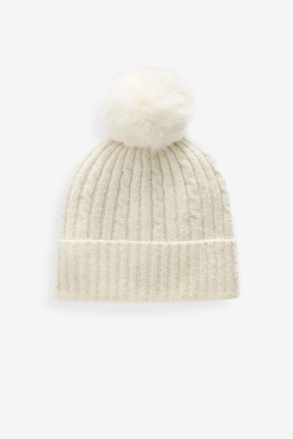 Cream/Gold Pom Cable Knit Beanie Hat (3-16yrs)