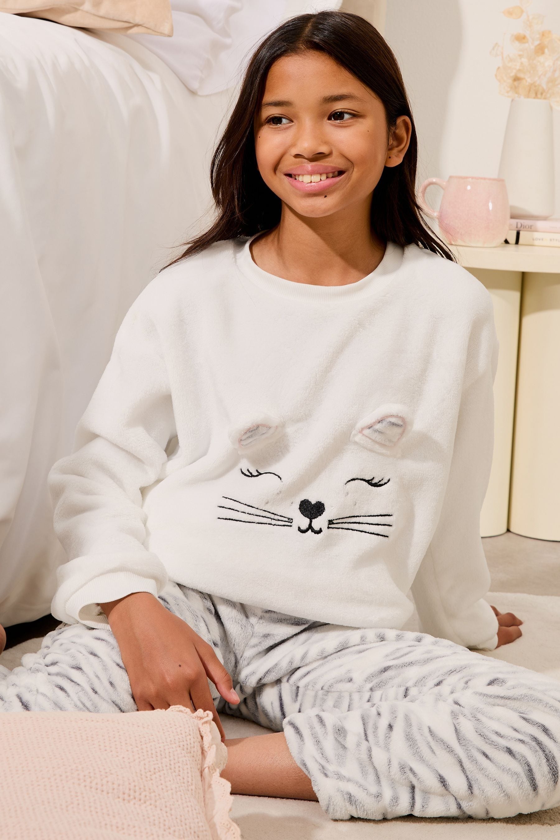 Lipsy Grey 3D Cat Soft Touch Fleece Pyjama Twosie (2-16yrs)