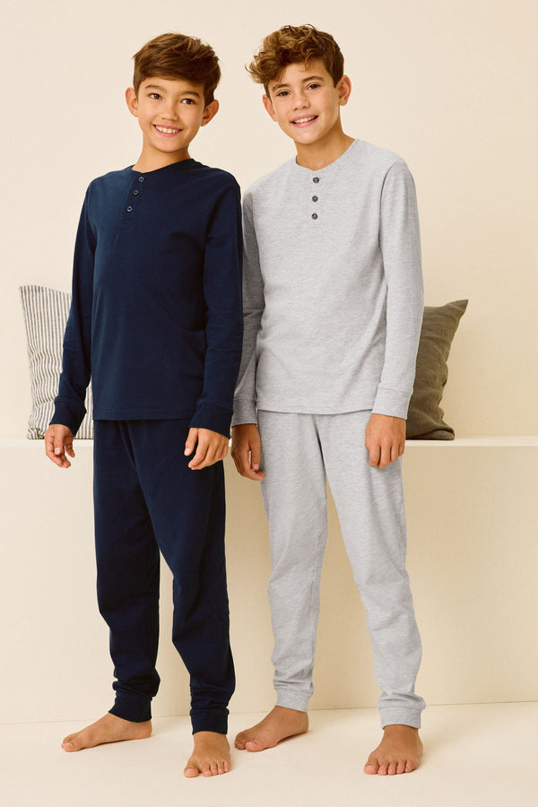 Navy/Grey 2 Pack 100% Cotton Long Sleeve Pyjamas (3-16yrs)