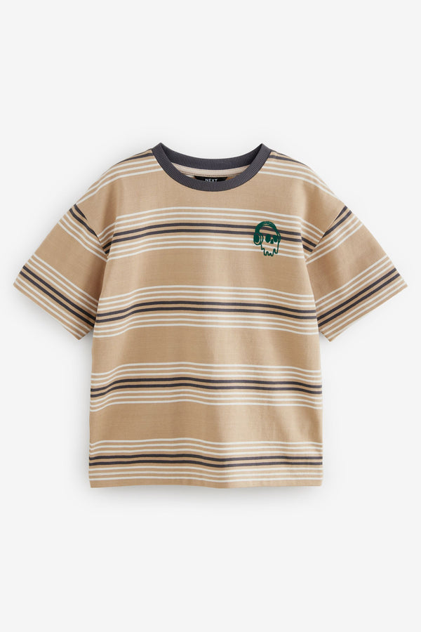 Stone Relaxed Fit Stripe Heavyweight Short Sleeve 100% Cotton T-Shirt (3-16yrs)