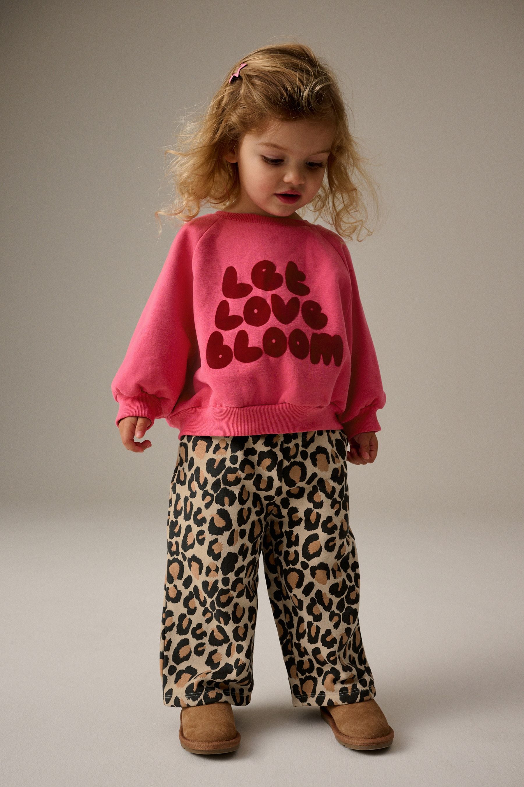 Bright Pink Printed Sweatshirt and Wide Leg Set (3mths-7yrs)