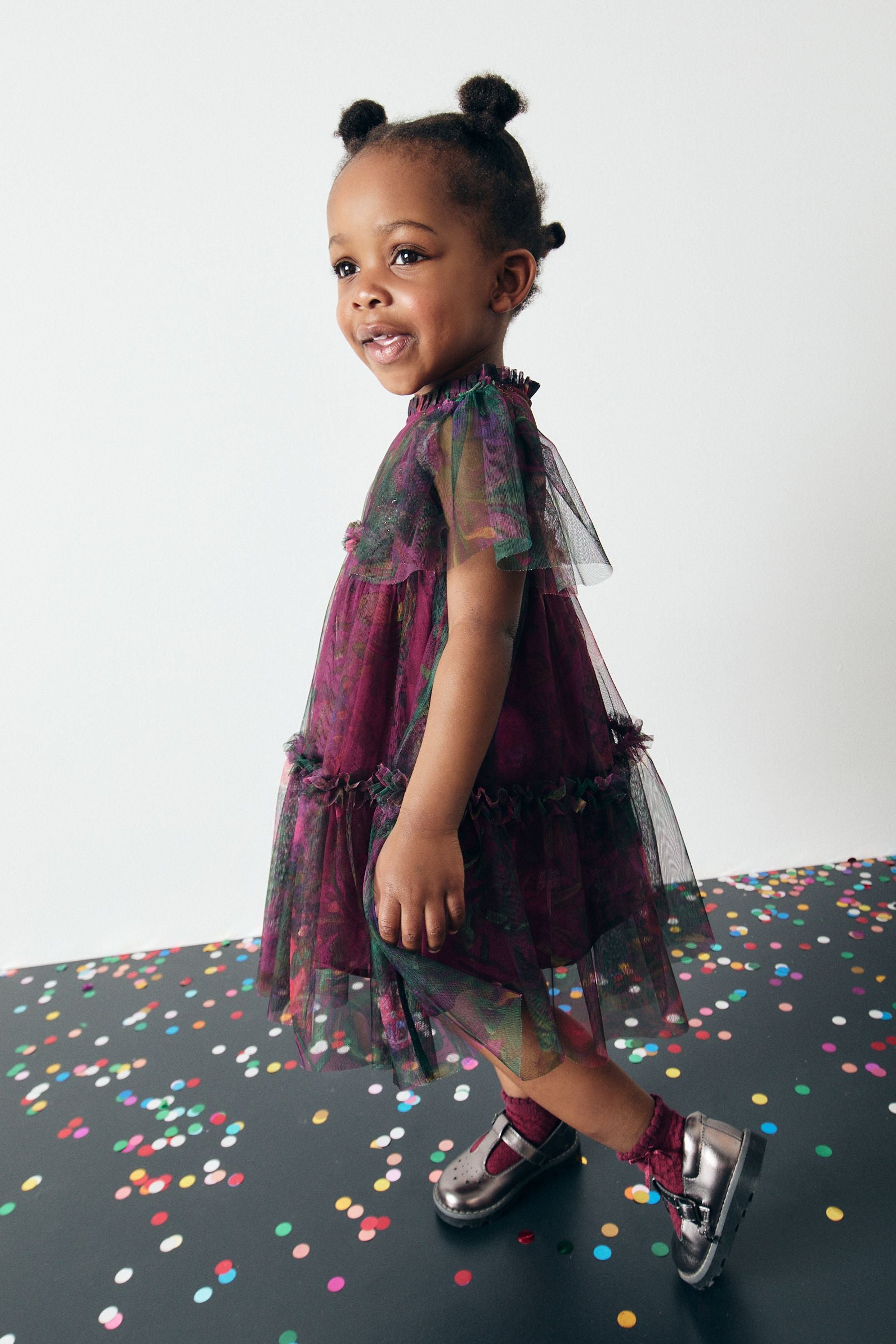 Plum Purple Printed Mesh Party Dress (3mths-7yrs)