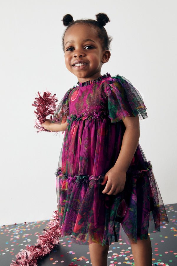 Plum Purple Printed Mesh Party Dress (3mths-7yrs)