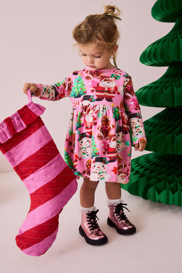 Pink Long Sleeve Jersey Christmas Dress (3mths-7yrs)