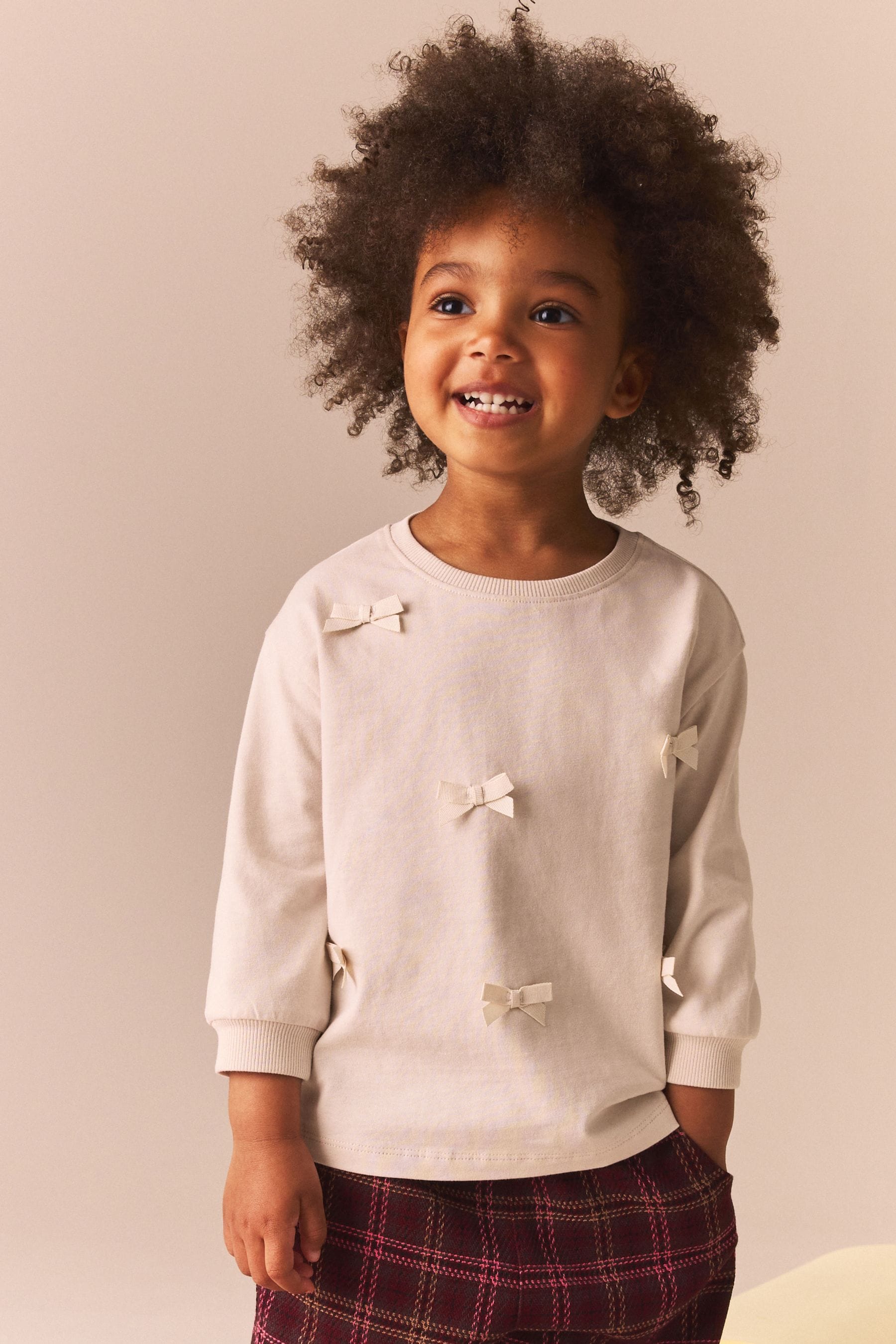 Ecru 100% Cotton Long Sleeve Appliqu?© Bow Top (3mths-7yrs)