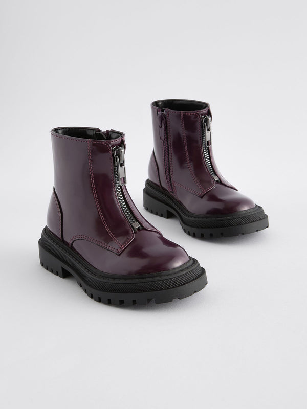 Burgundy Zip Front Chunky Boots