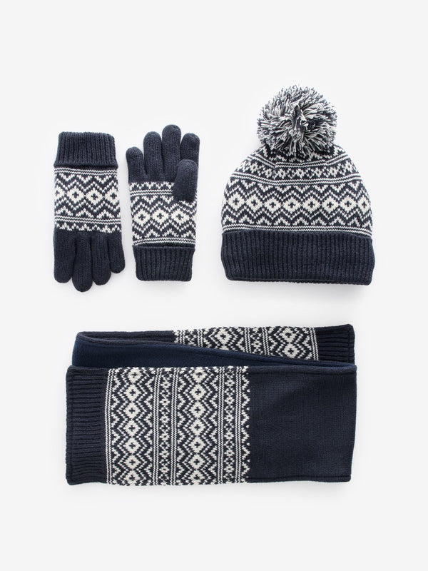 Navy Blue Fairisle Pattern Hat, Scarf and Gloves Set (3-16yrs)