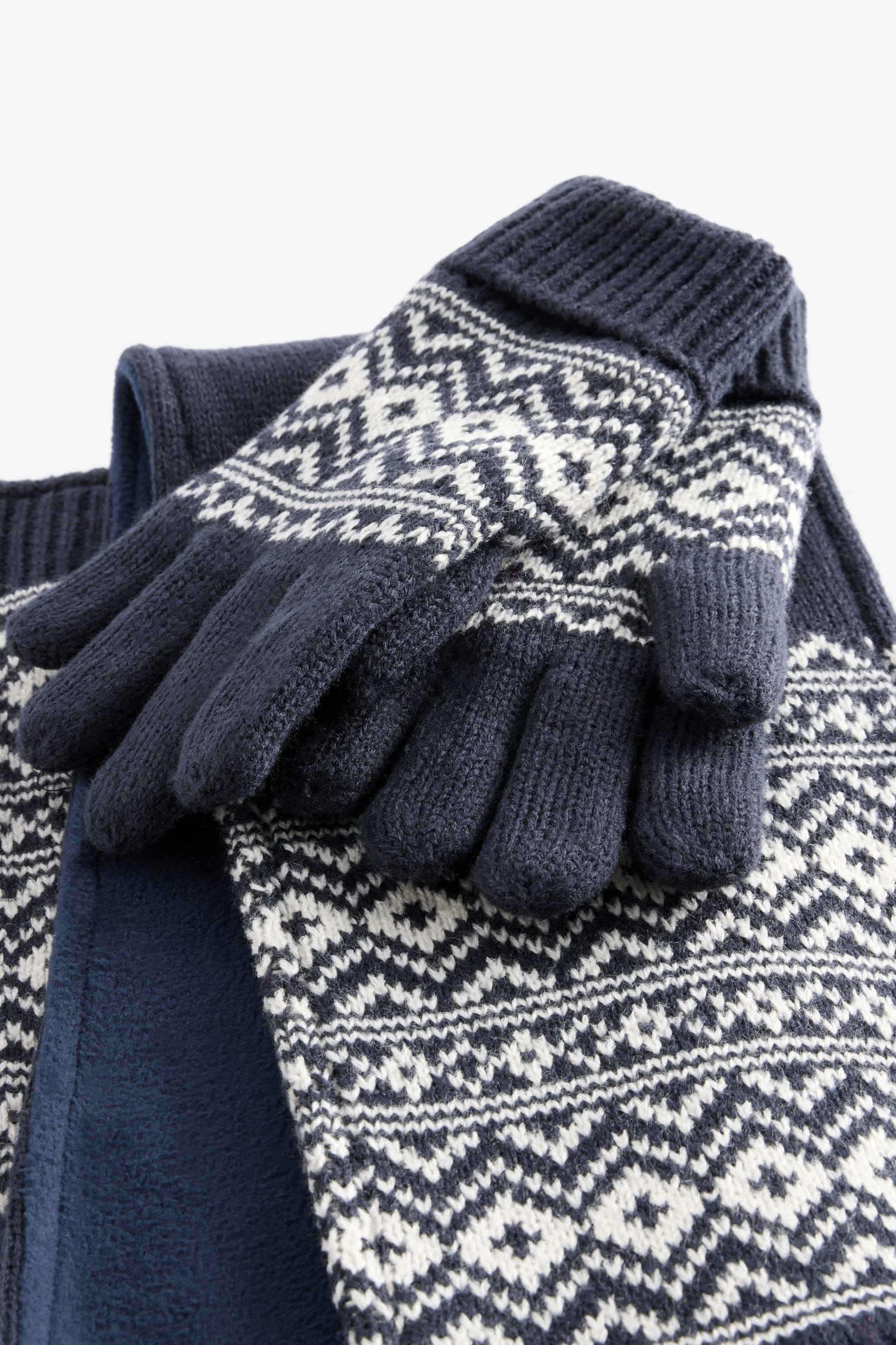 Navy Blue Fairisle Pattern Hat, Scarf and Gloves Set (3-16yrs)