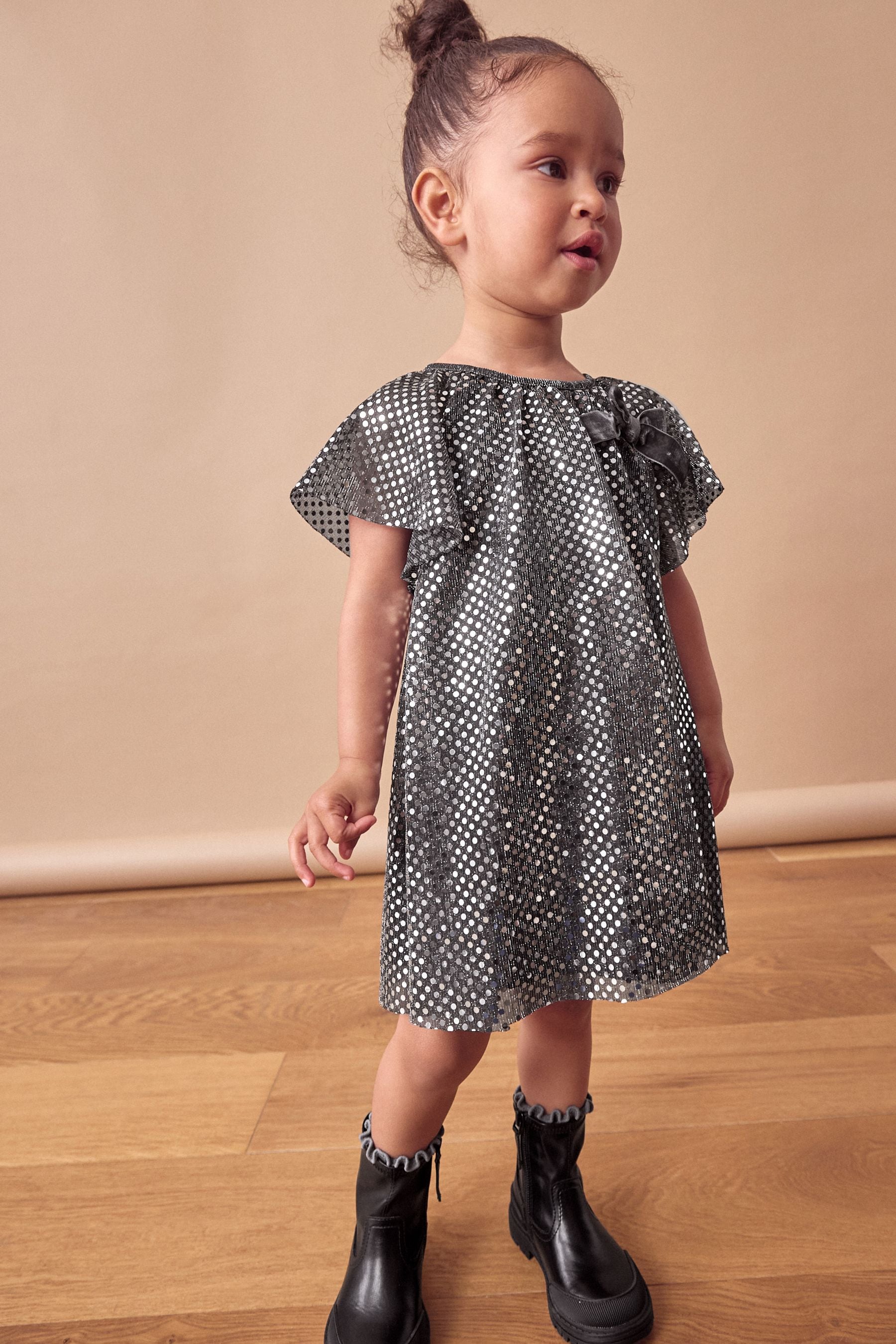 Charcoal Bow Sequin Party Angel Sleeve Dress (3mths-10yrs)