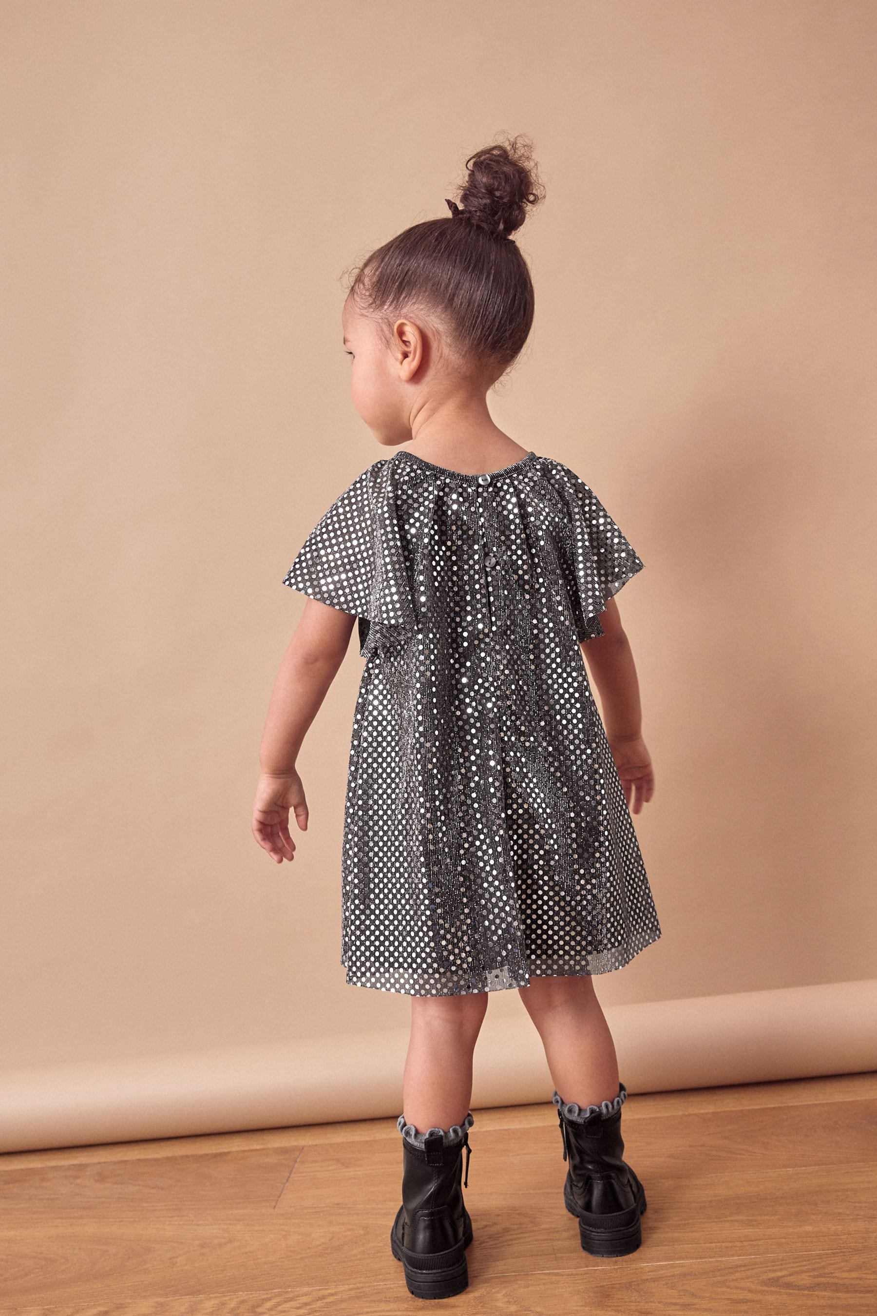 Charcoal Bow Sequin Party Angel Sleeve Dress (3mths-10yrs)