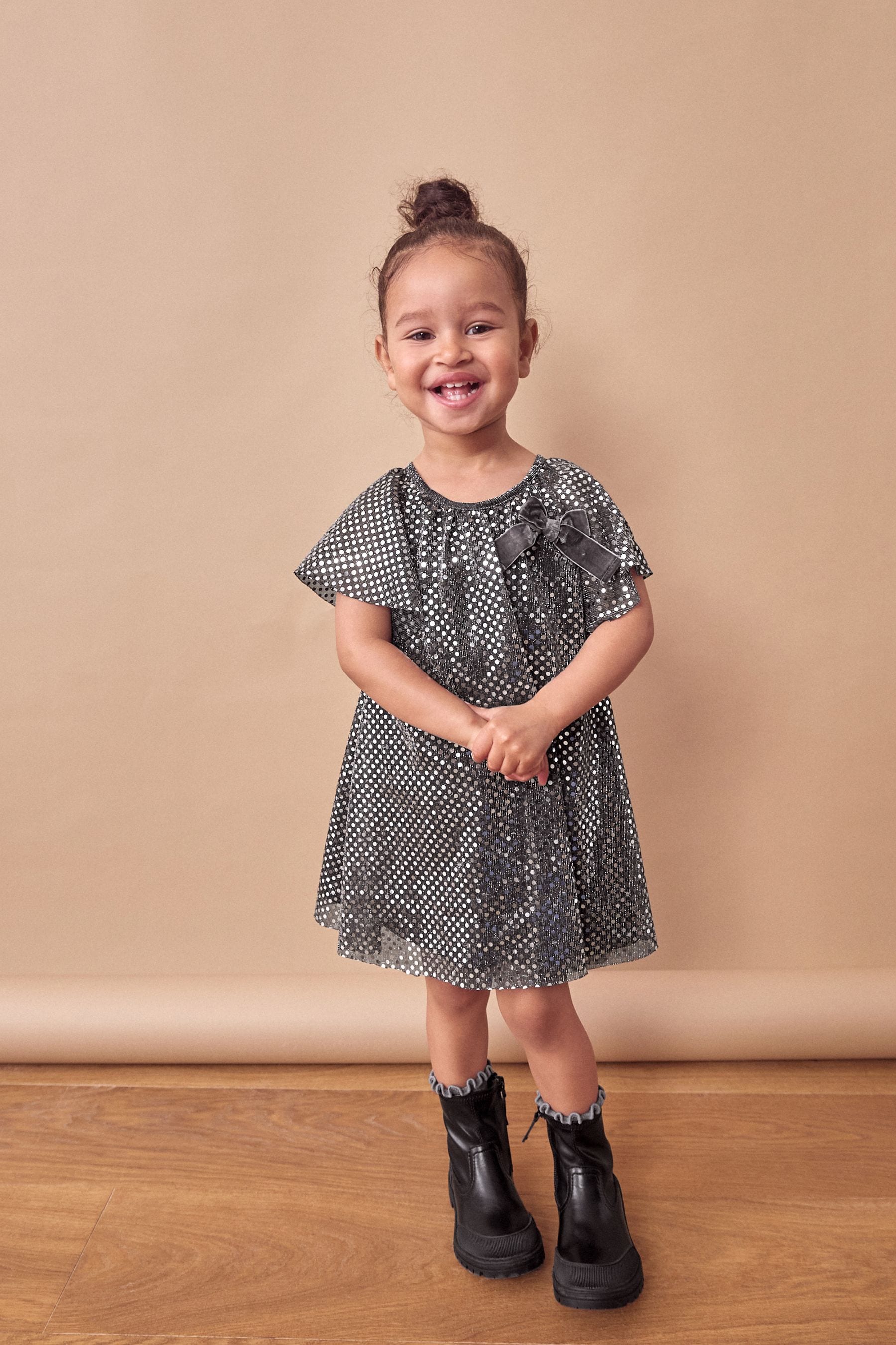 Charcoal Bow Sequin Party Angel Sleeve Dress (3mths-10yrs)