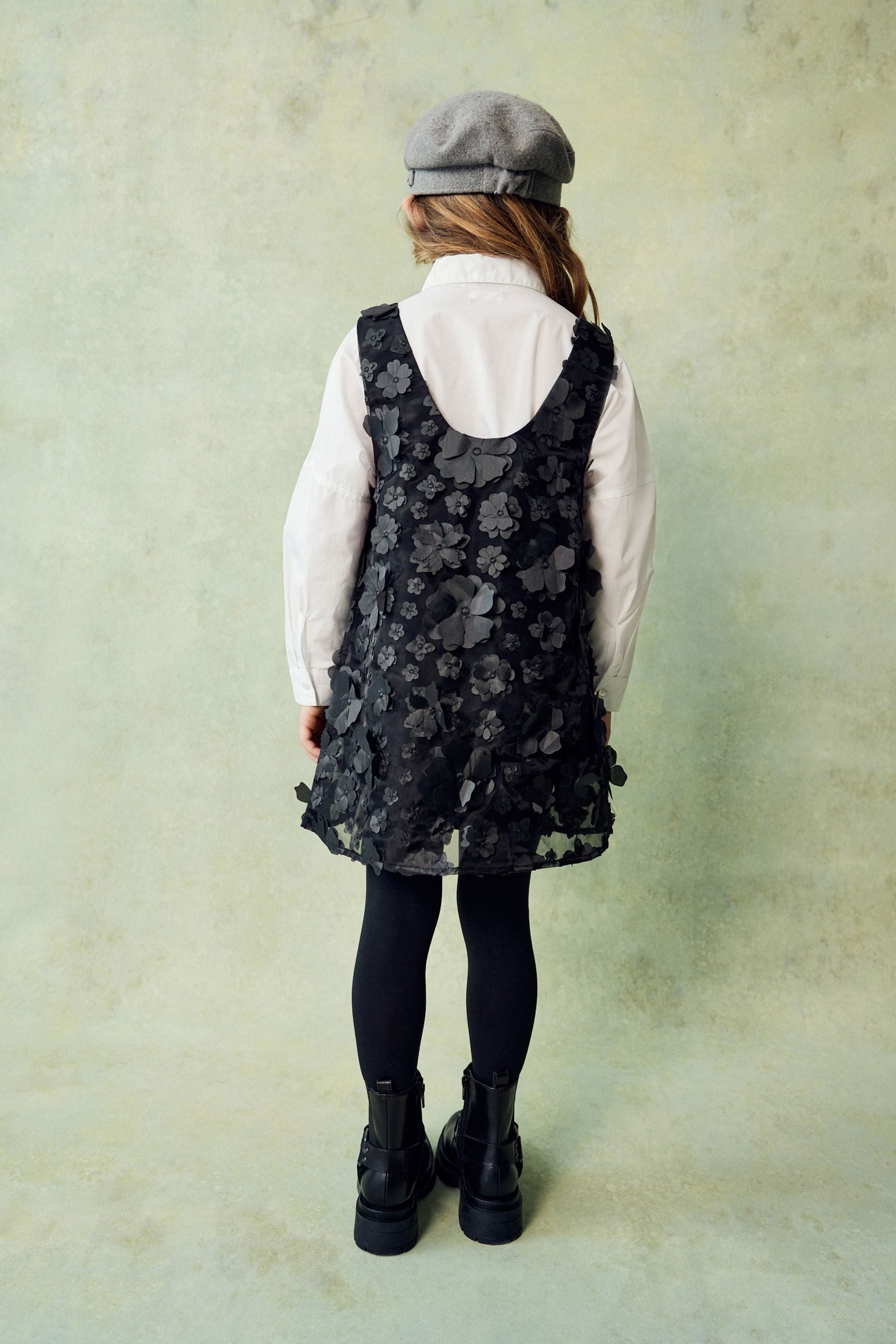 Black 3D Flower Pinafore and Shirt Set (3-16yrs)