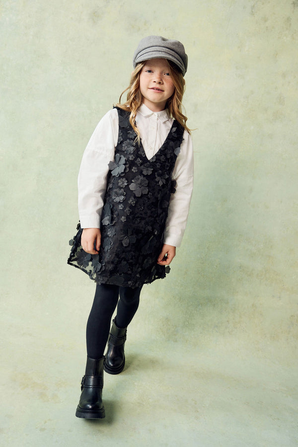 Black 3D Flower Pinafore and Shirt Set (3-16yrs)