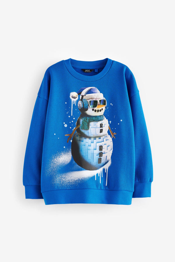 Cobalt Blue Snowman Christmas Graphic Crew Neck 100% Cotton Sweatshirt (3-16yrs)