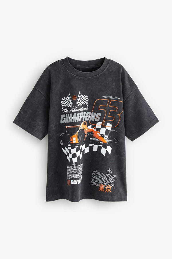 Black Racing Car Relaxed Fit Short Sleeve Graphic T-Shirt (3-16yrs)