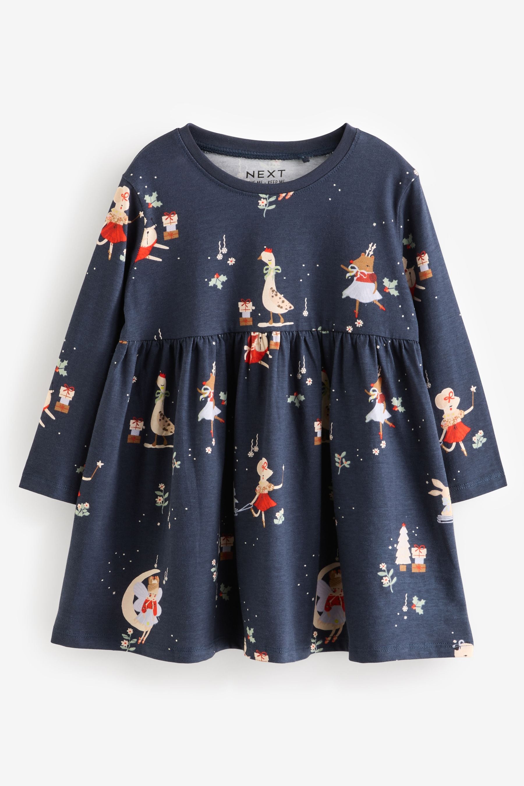 Navy Blue Long Sleeve Jersey Christmas Dress (3mths-7yrs)