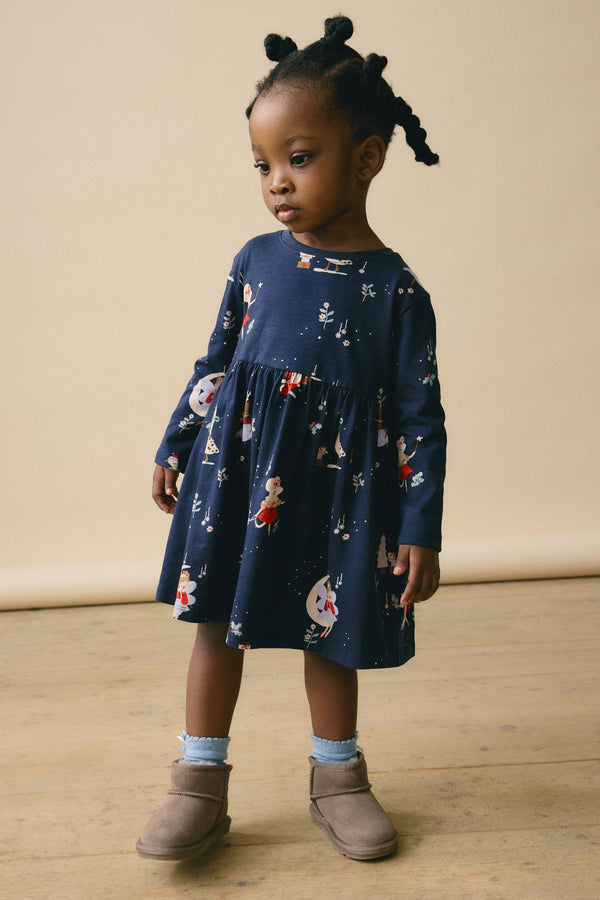 Navy Blue Long Sleeve Jersey Christmas Dress (3mths-7yrs)