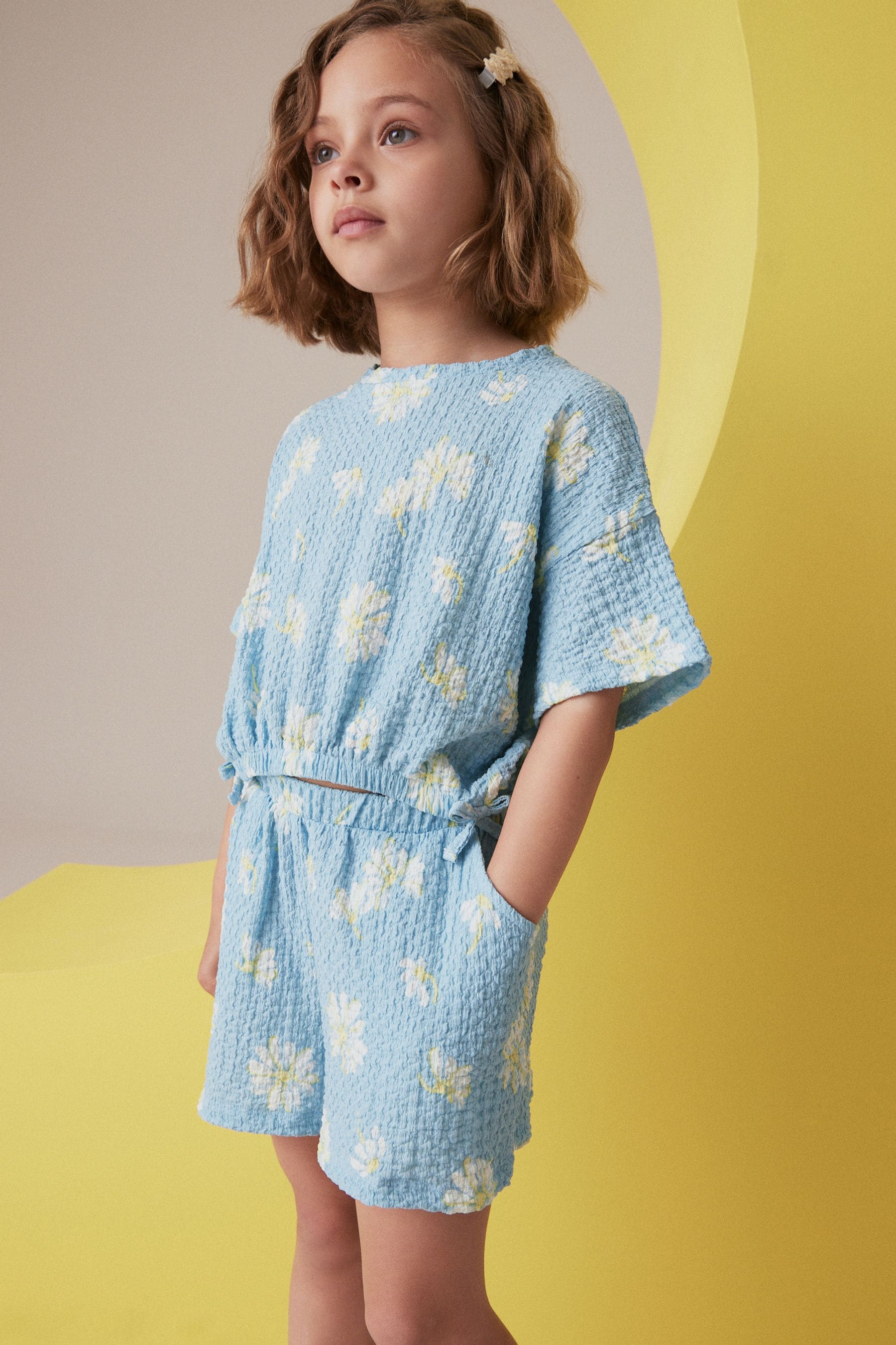 Blue Daisy Textured Tie Side T-Shirt and Short Set (3-16yrs)