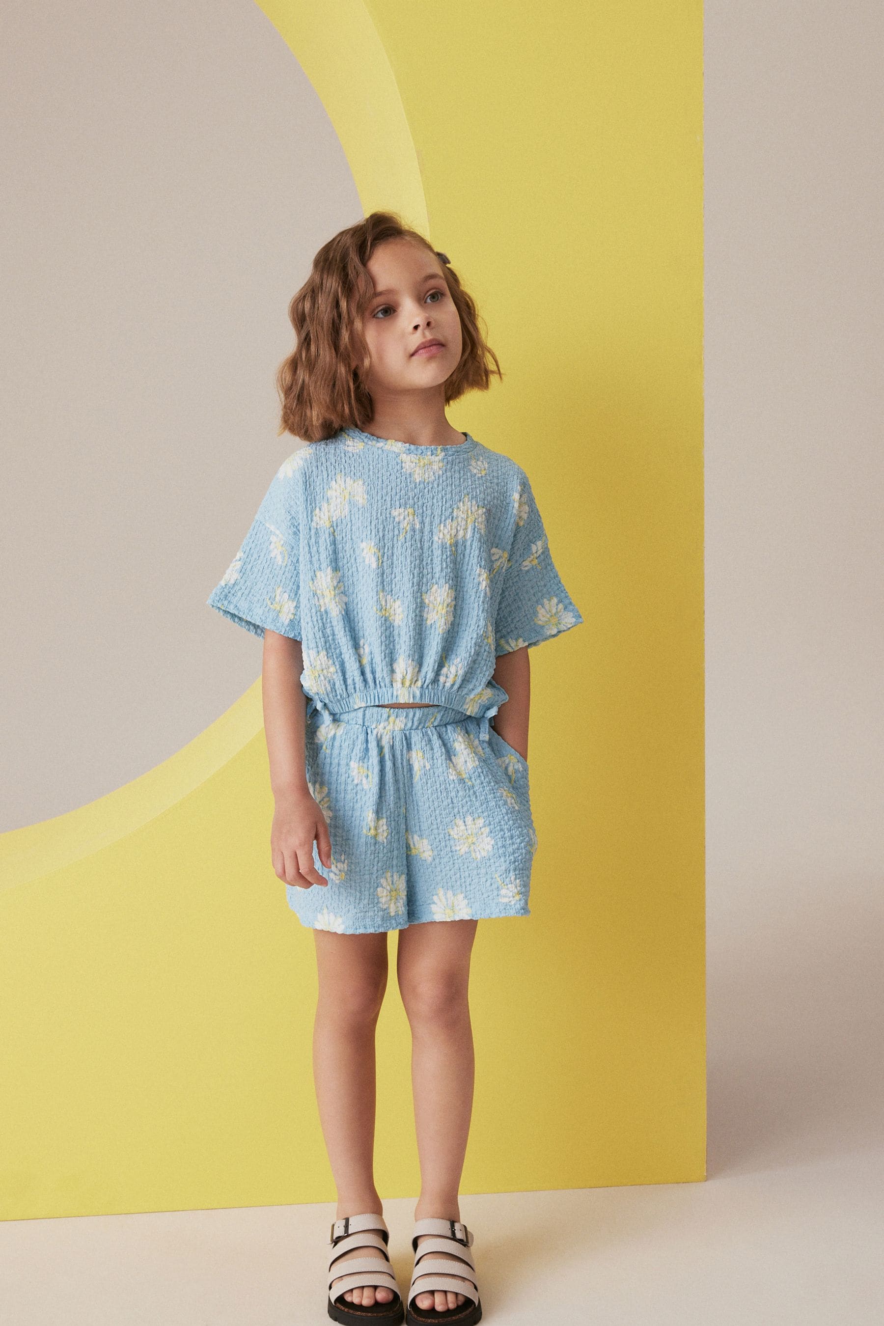 Blue Daisy Textured Tie Side T-Shirt and Short Set (3-16yrs)