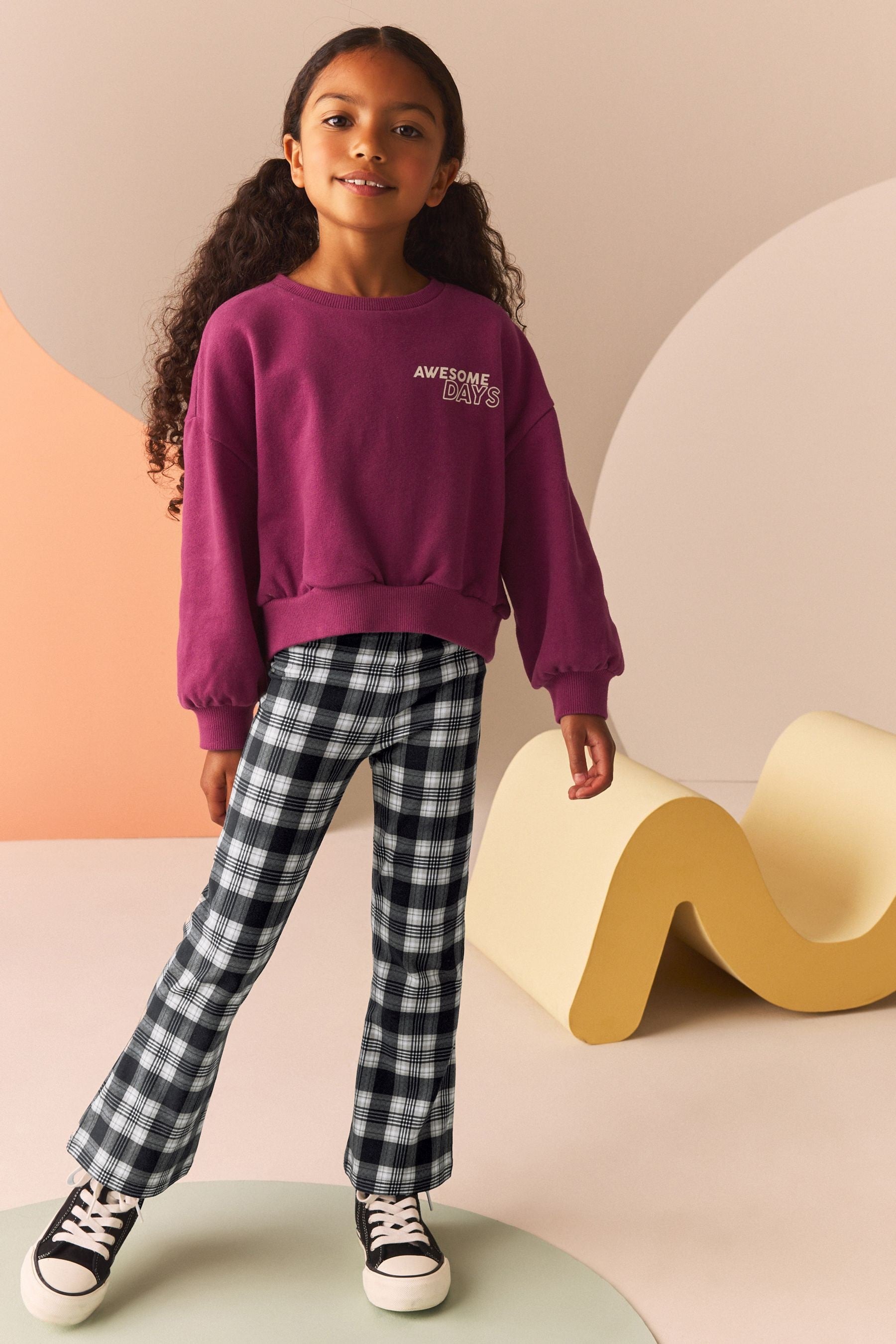 Burgundy Red Graphic Sweatshirt And Check Flare Leggings Set (3-16yrs)