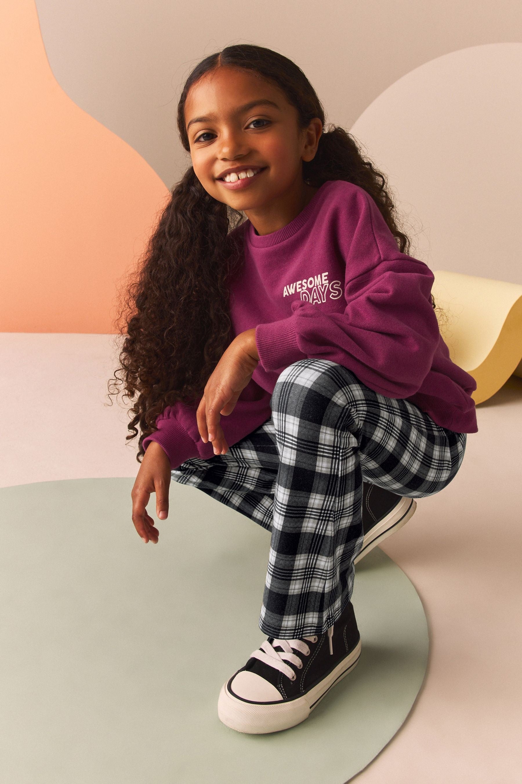 Burgundy Red Graphic Sweatshirt And Check Flare Leggings Set (3-16yrs)